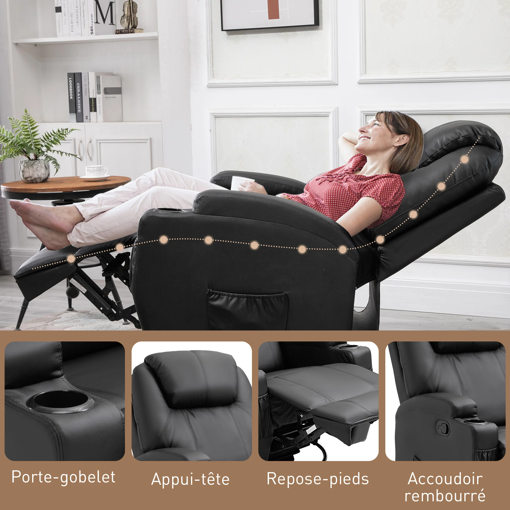 Fauteuil de massage inclinable, fauteuil de relaxation, dossier et repose-pieds réglable manuellement, fonction bascule, télécommande, pivotant à 360°, porte-gobelets et poches latérales, noir - Image 9
