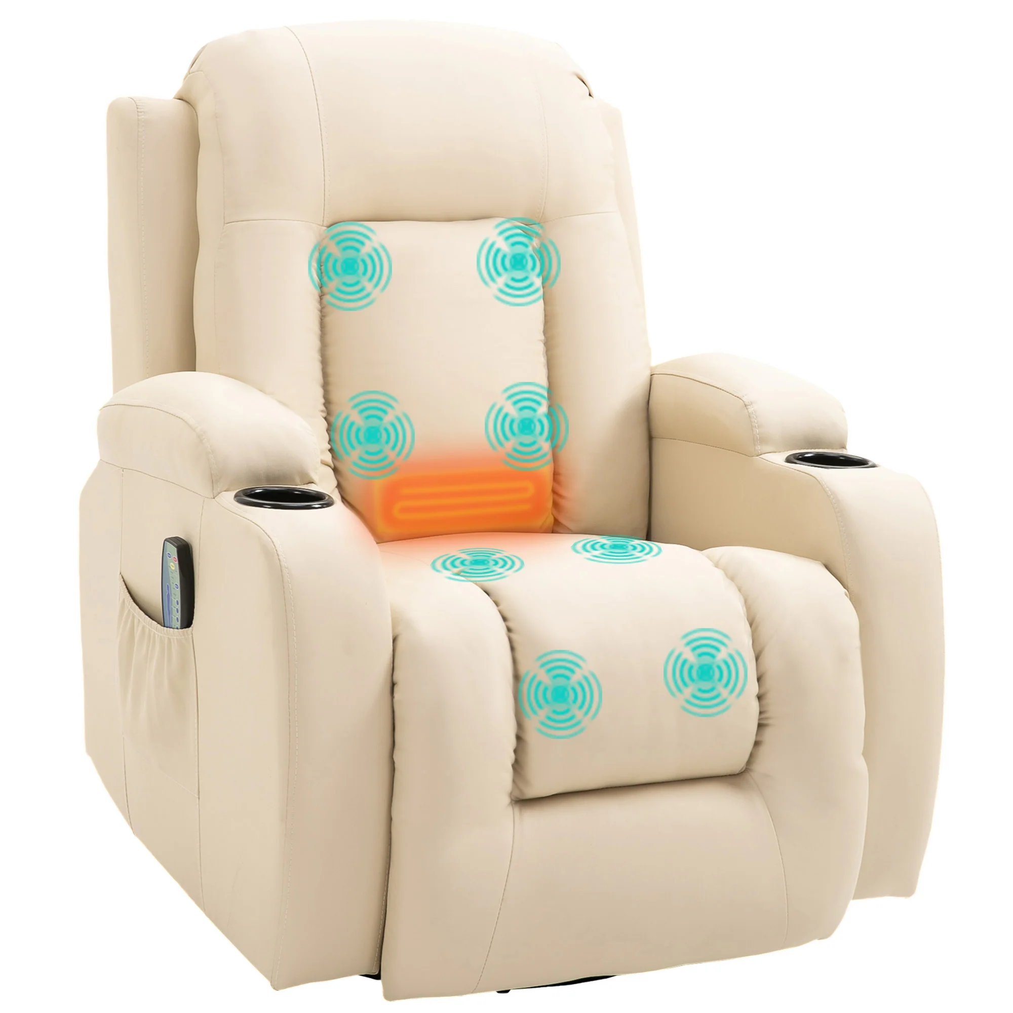 Fauteuil de massage inclinable, fauteuil de relaxation, dossier et repose-pieds réglable manuellement, fonction bascule, pivotant à 360°, porte-gobelets, poches latérales, télécommande, crème - Image 11