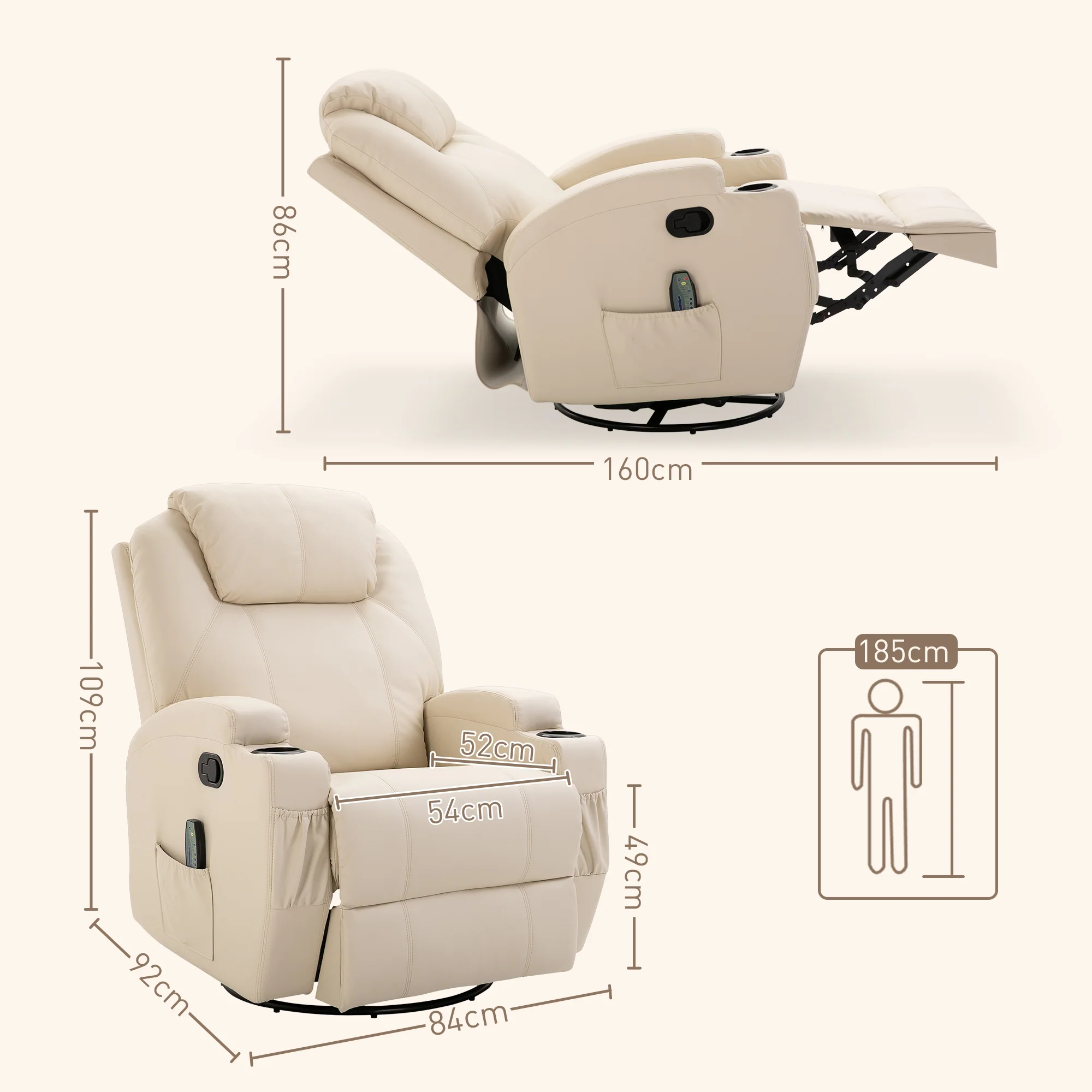 Fauteuil de massage inclinable, fauteuil de relaxation, dossier et repose-pieds réglable manuellement, fonction bascule, télécommande, pivotant à 360°, porte-gobelets et poches latérales, crème - Image 4
