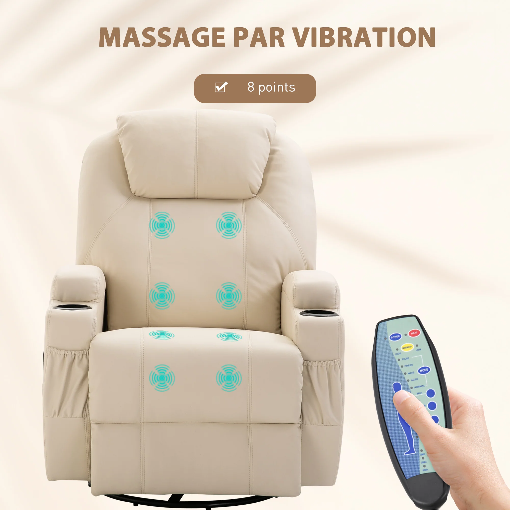 Fauteuil de massage inclinable, fauteuil de relaxation, dossier et repose-pieds réglable manuellement, fonction bascule, télécommande, pivotant à 360°, porte-gobelets et poches latérales, crème - Image 5
