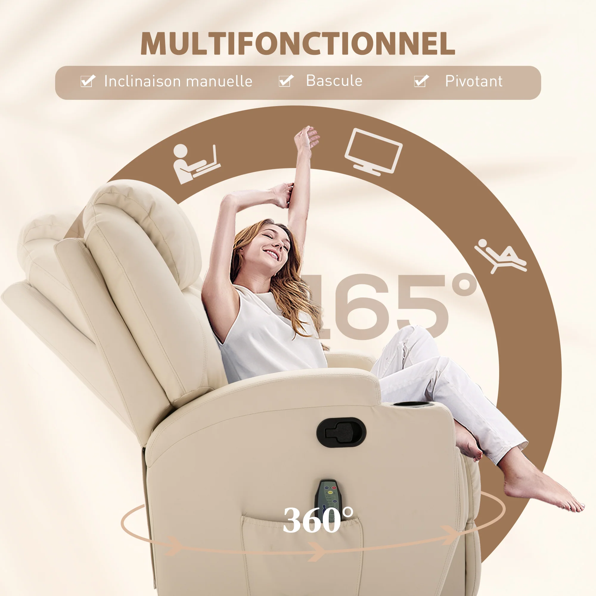Fauteuil de massage inclinable, fauteuil de relaxation, dossier et repose-pieds réglable manuellement, fonction bascule, télécommande, pivotant à 360°, porte-gobelets et poches latérales, crème - Image 6