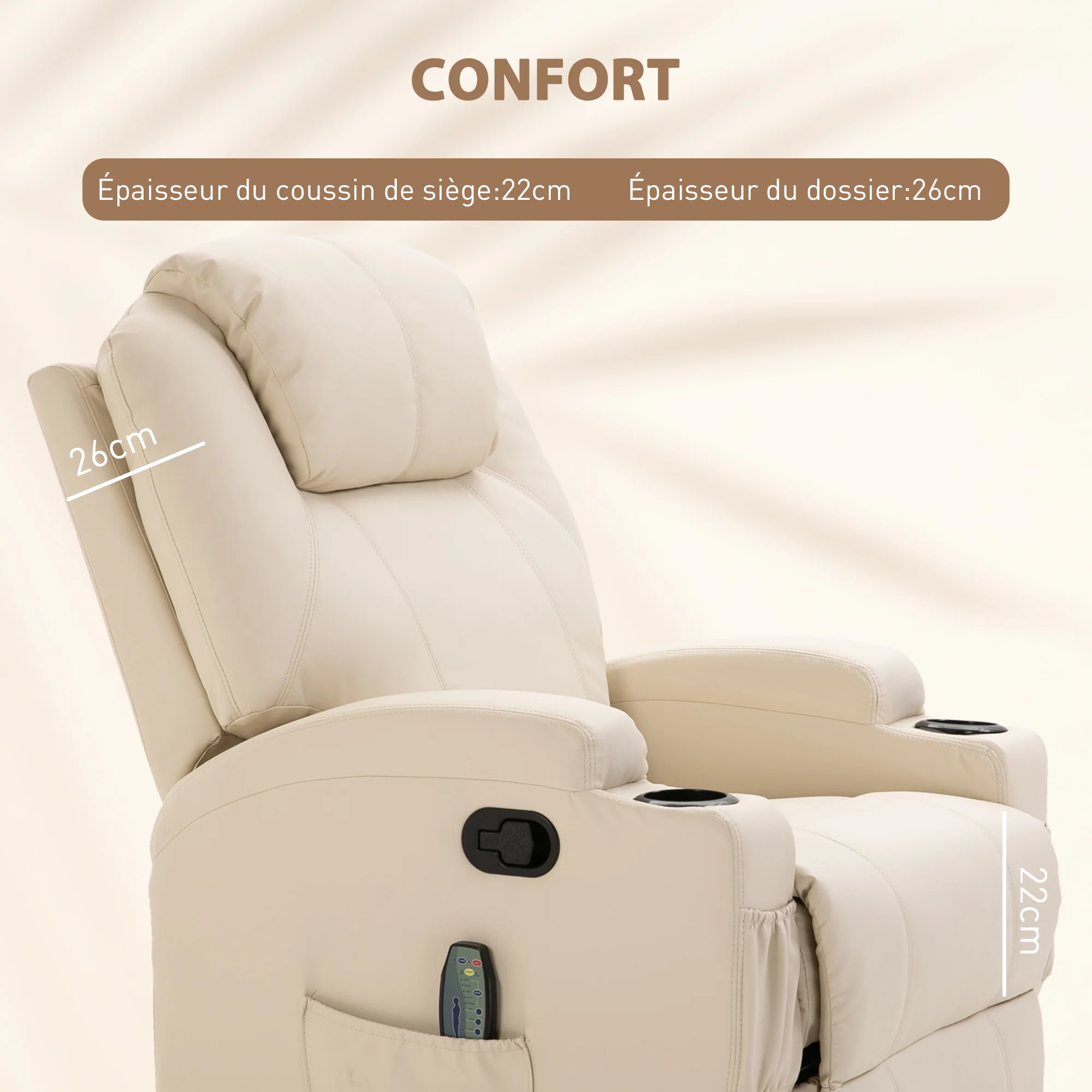 Fauteuil de massage inclinable, fauteuil de relaxation, dossier et repose-pieds réglable manuellement, fonction bascule, télécommande, pivotant à 360°, porte-gobelets et poches latérales, crème - Image 8