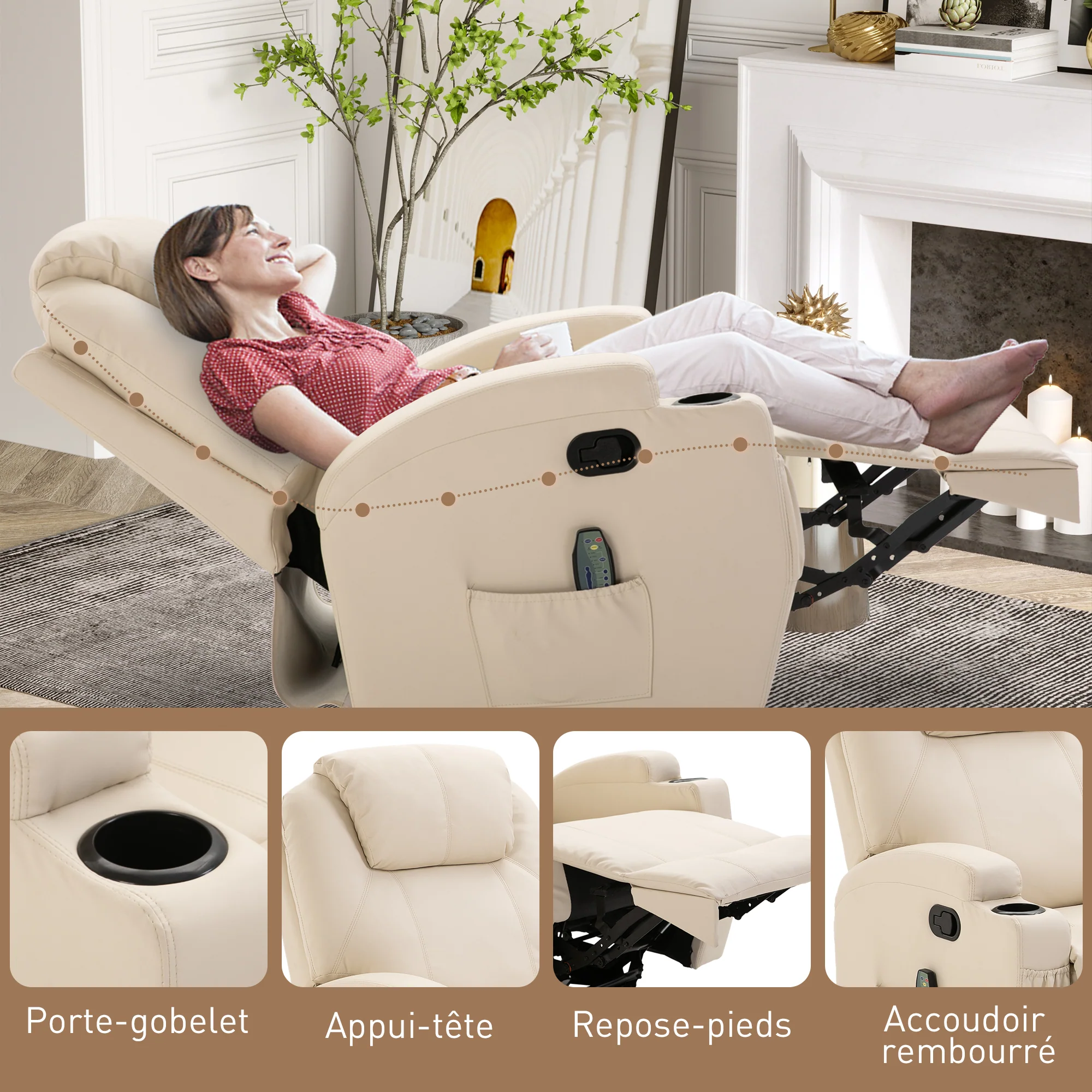 Fauteuil de massage inclinable, fauteuil de relaxation, dossier et repose-pieds réglable manuellement, fonction bascule, télécommande, pivotant à 360°, porte-gobelets et poches latérales, crème - Image 9
