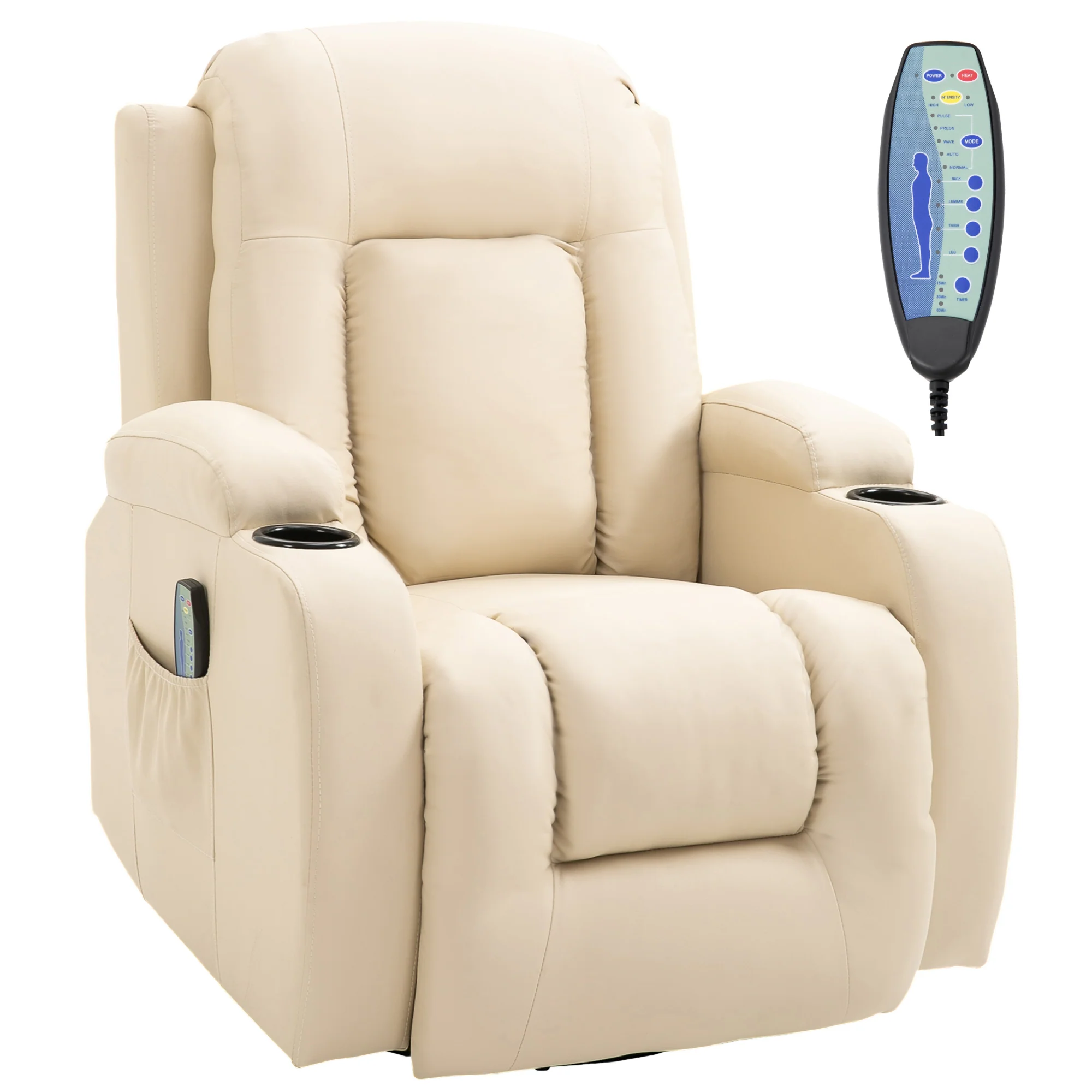 Fauteuil de massage inclinable, fauteuil de relaxation, dossier et repose-pieds réglable manuellement, fonction bascule, pivotant à 360°, porte-gobelets, poches latérales, télécommande, crème - Image 2