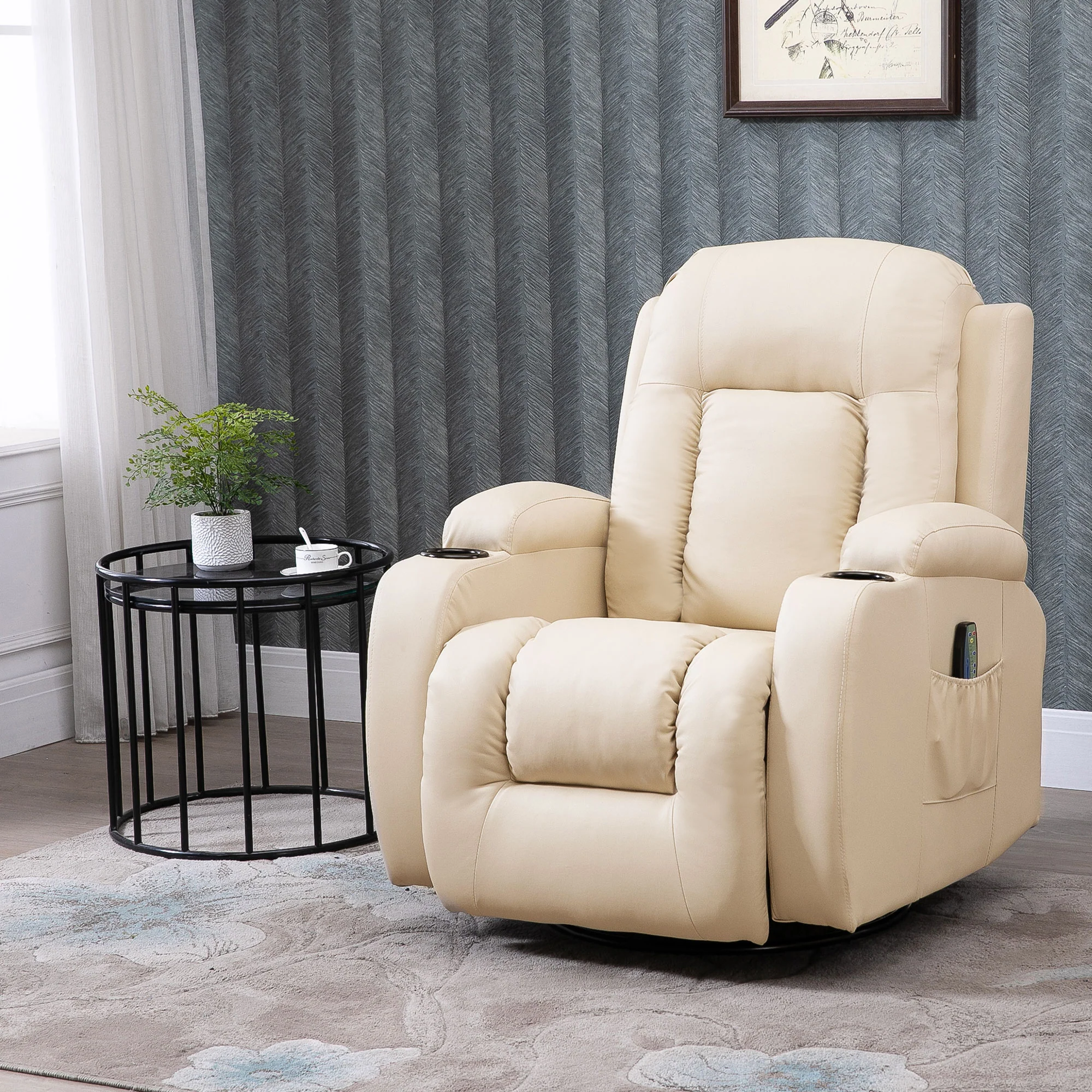 Fauteuil de massage inclinable, fauteuil de relaxation, dossier et repose-pieds réglable manuellement, fonction bascule, pivotant à 360°, porte-gobelets, poches latérales, télécommande, crème - Image 3