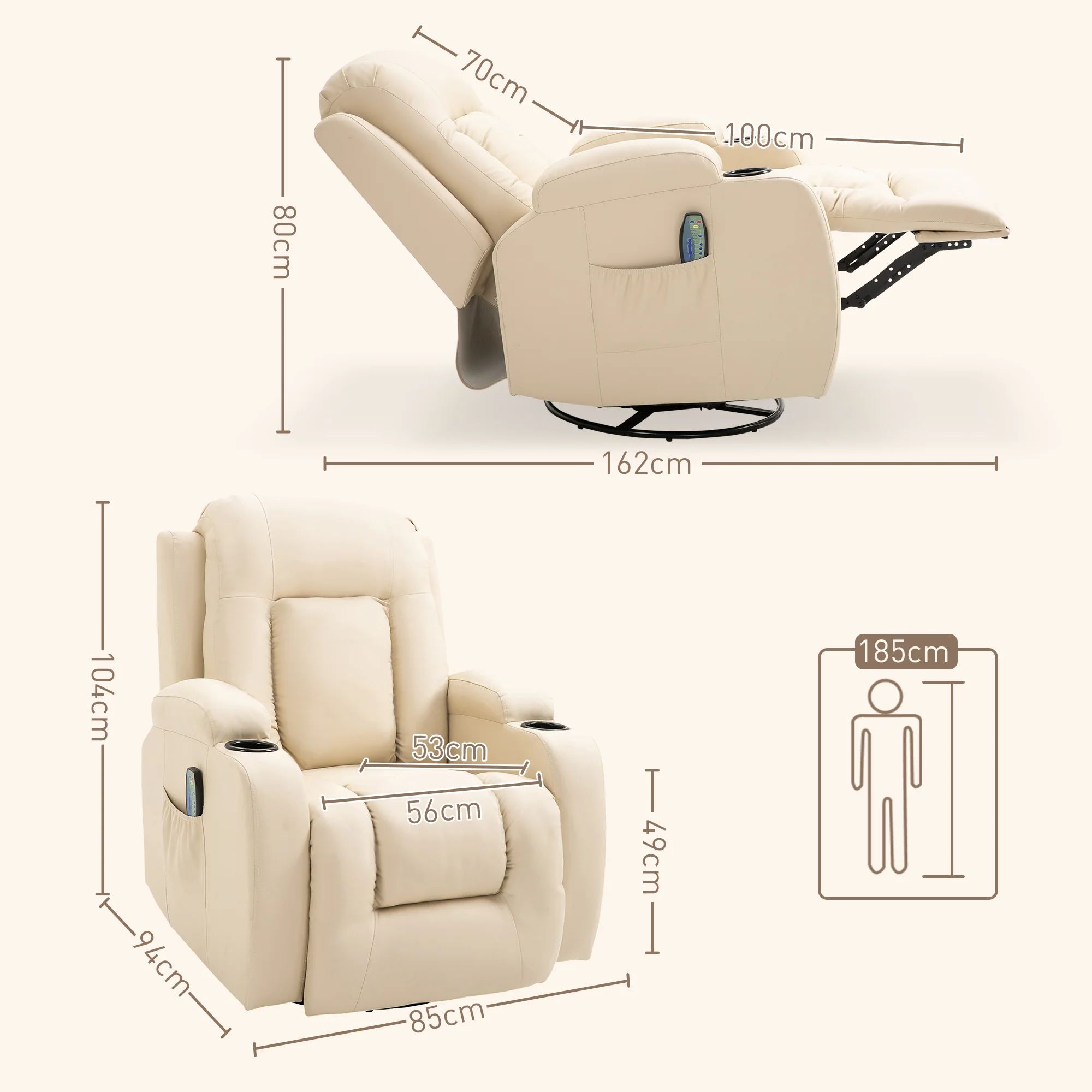 Fauteuil de massage inclinable, fauteuil de relaxation, dossier et repose-pieds réglable manuellement, fonction bascule, pivotant à 360°, porte-gobelets, poches latérales, télécommande, crème - Image 4