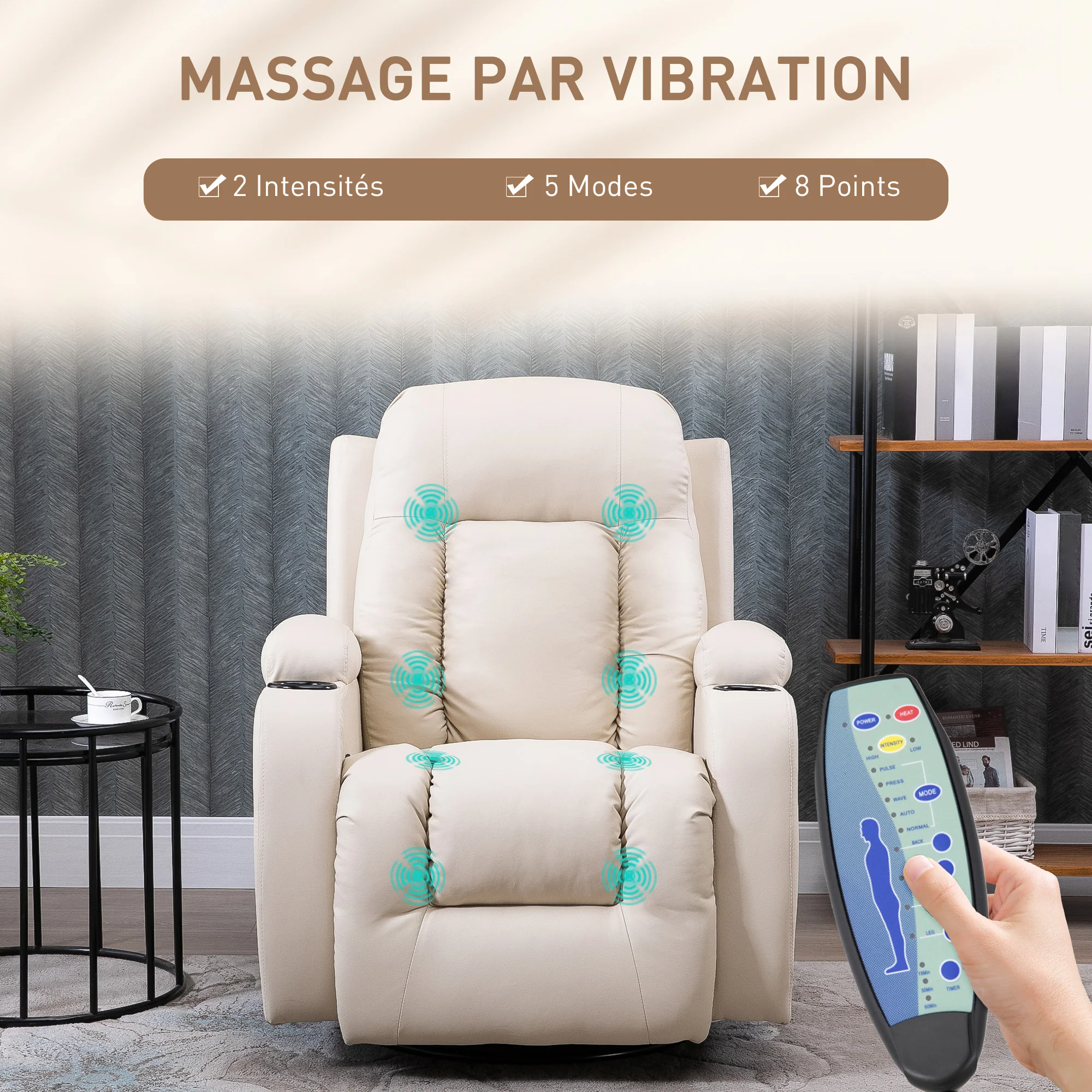 Fauteuil de massage inclinable, fauteuil de relaxation, dossier et repose-pieds réglable manuellement, fonction bascule, pivotant à 360°, porte-gobelets, poches latérales, télécommande, crème - Image 5