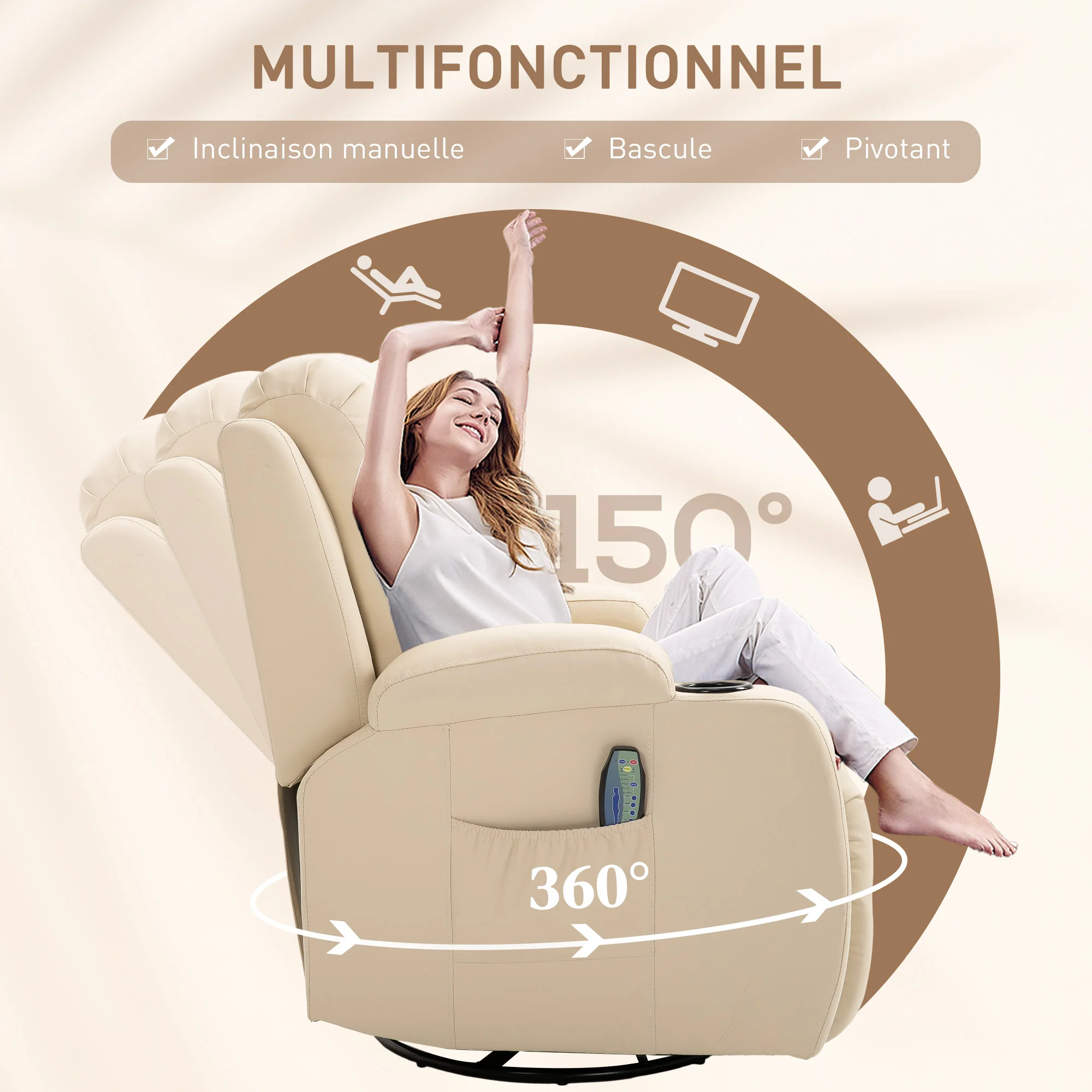 Fauteuil de massage inclinable, fauteuil de relaxation, dossier et repose-pieds réglable manuellement, fonction bascule, pivotant à 360°, porte-gobelets, poches latérales, télécommande, crème - Image 6