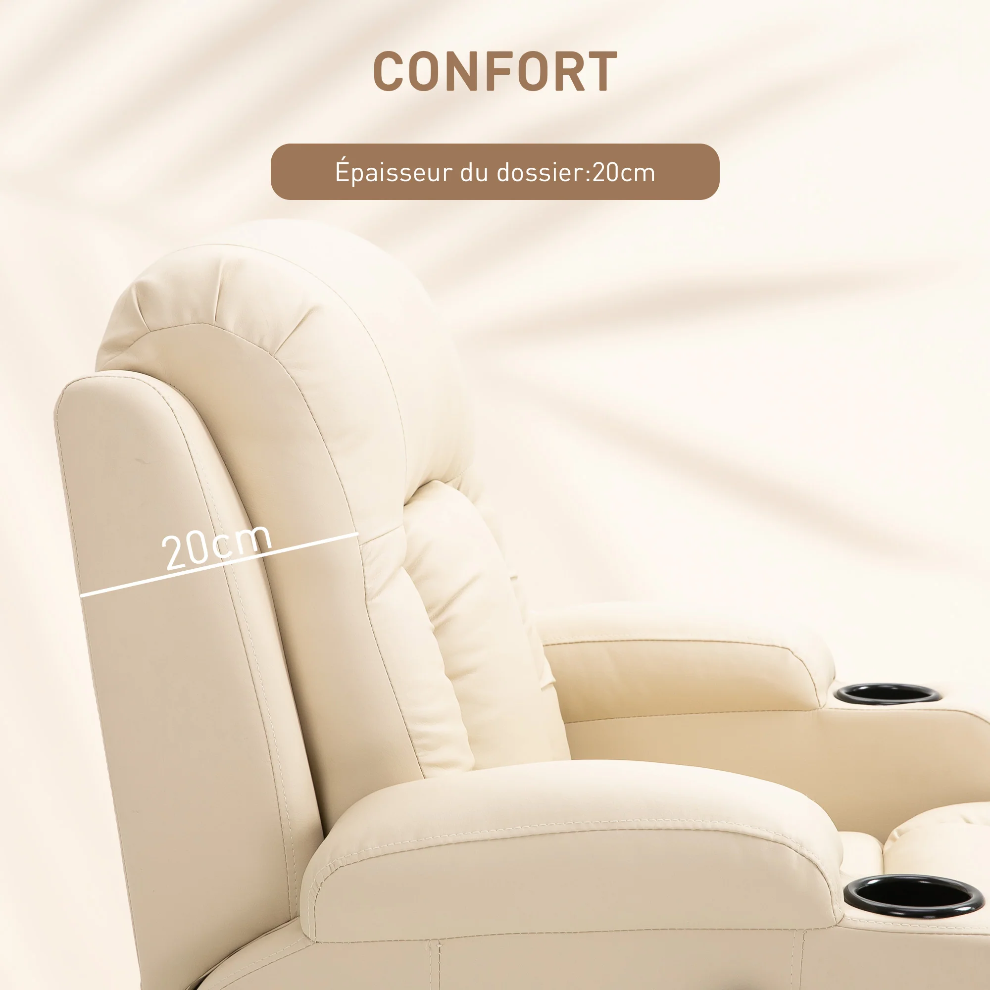 Fauteuil de massage inclinable, fauteuil de relaxation, dossier et repose-pieds réglable manuellement, fonction bascule, pivotant à 360°, porte-gobelets, poches latérales, télécommande, crème - Image 8