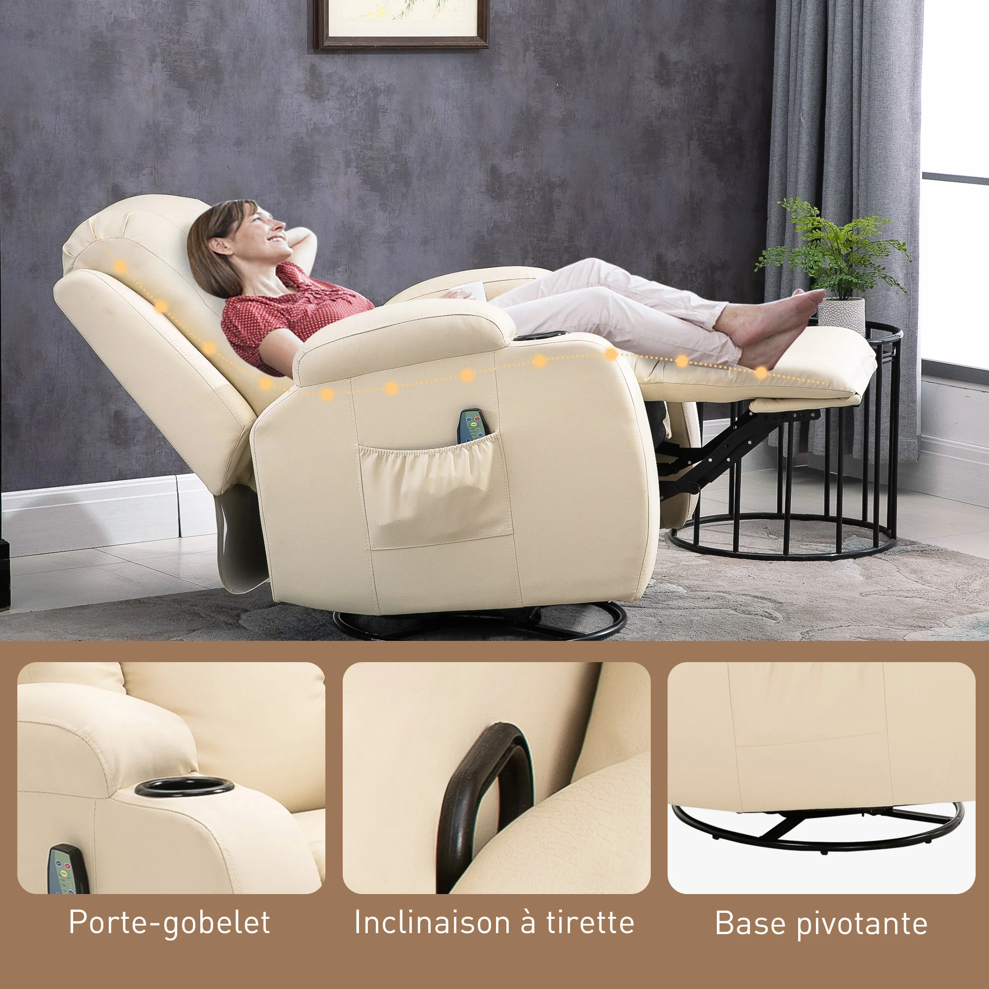 Fauteuil de massage inclinable, fauteuil de relaxation, dossier et repose-pieds réglable manuellement, fonction bascule, pivotant à 360°, porte-gobelets, poches latérales, télécommande, crème - Image 9
