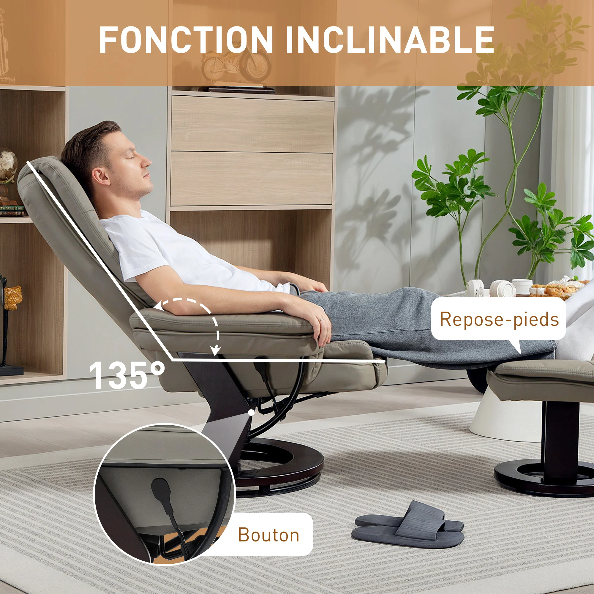 Fauteuil de relaxation avec repose-pied, dossier inclinable 135° max., siège pivotant 360°, assise rembourrée confort, revêtement synthétique, pour salon, chambre, bureau, marron - Image 5