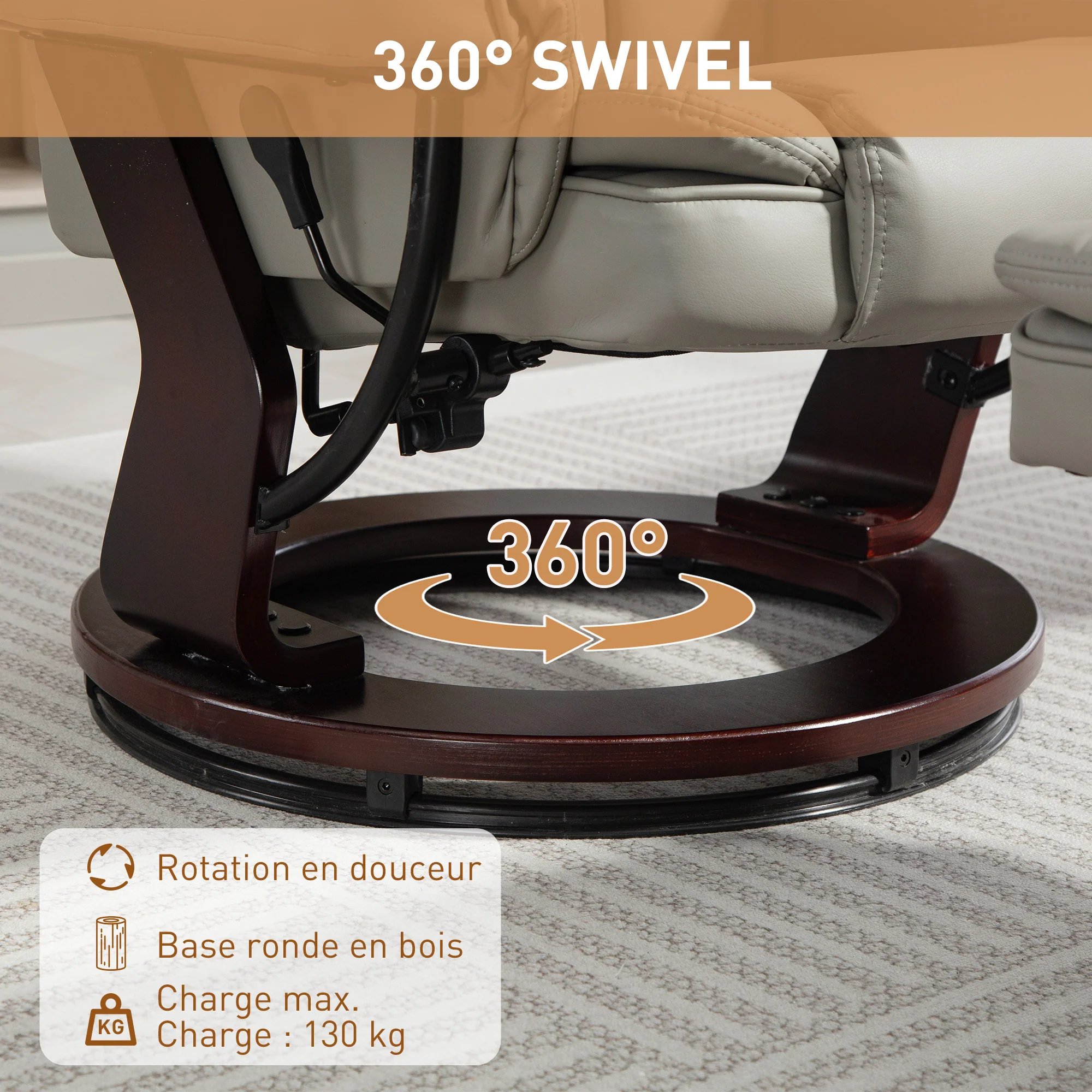Fauteuil de relaxation avec repose-pied, dossier inclinable 135° max., siège pivotant 360°, assise rembourrée confort, revêtement synthétique, pour salon, chambre, bureau, marron - Image 6