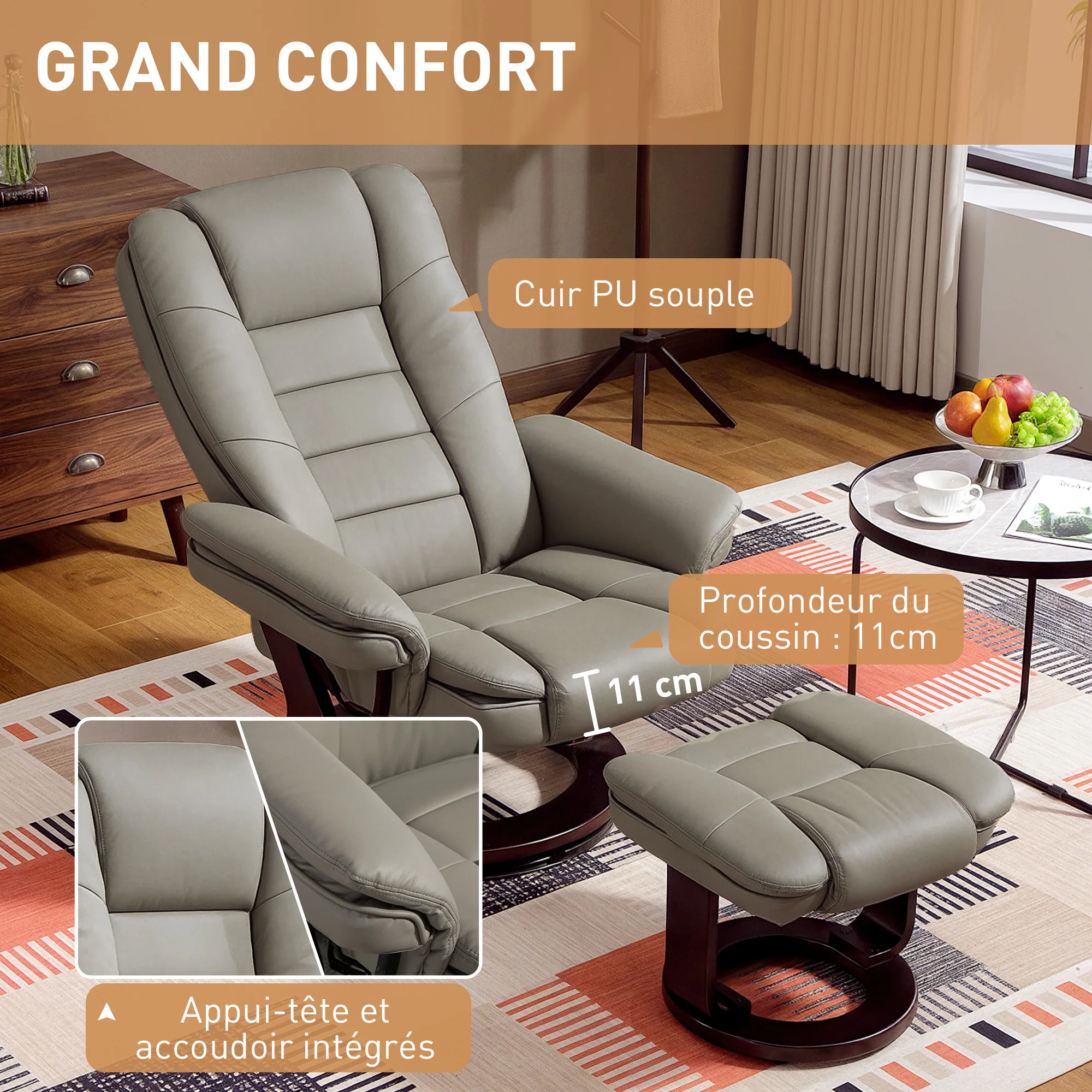 Fauteuil de relaxation avec repose-pied, dossier inclinable 135° max., siège pivotant 360°, assise rembourrée confort, revêtement synthétique, pour salon, chambre, bureau, marron - Image 7