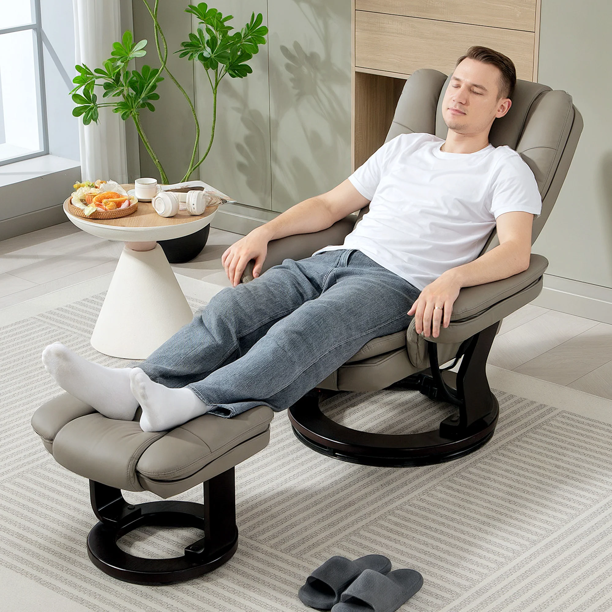 Fauteuil de relaxation avec repose-pied, dossier inclinable 135° max., siège pivotant 360°, assise rembourrée confort, revêtement synthétique, pour salon, chambre, bureau, marron - Image 8