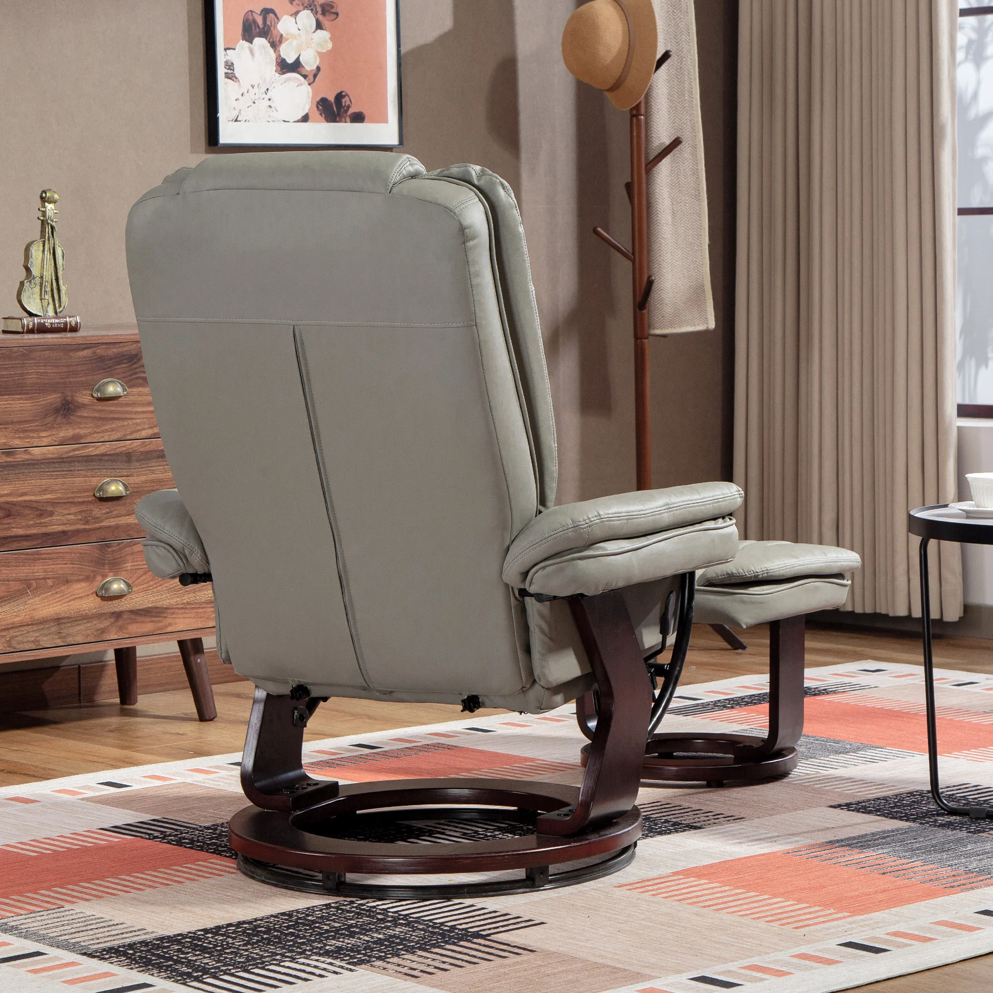 Fauteuil de relaxation avec repose-pied, dossier inclinable 135° max., siège pivotant 360°, assise rembourrée confort, revêtement synthétique, pour salon, chambre, bureau, marron - Image 9