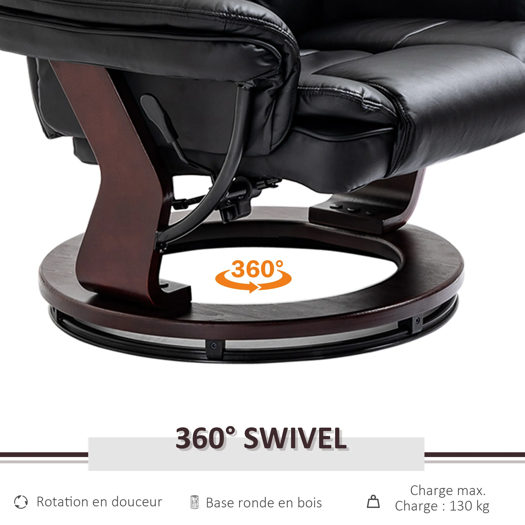 Fauteuil de relaxation avec repose-pied, dossier inclinable 135° max., siège pivotant 360°, assise rembourrée confort, revêtement synthétique, pour salon, chambre, bureau, noir - Image 6