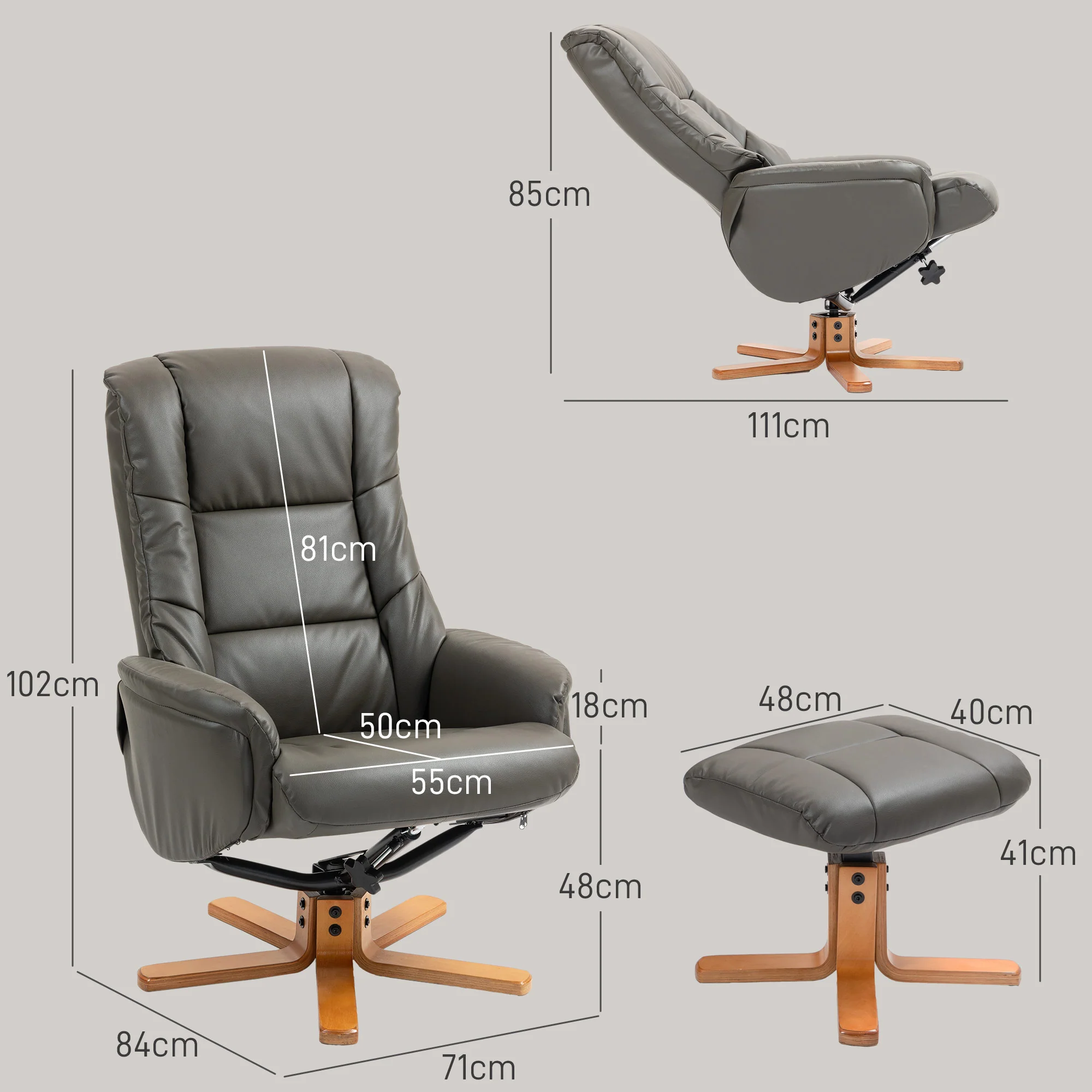 Fauteuil de relaxation avec repose-pied, fauteuil relax salon, dossier à bascule, fauteuil inclinable, assise rembourrée, revêtement synthétique, cadre en bois massif, design contemporain, gris - Image 4