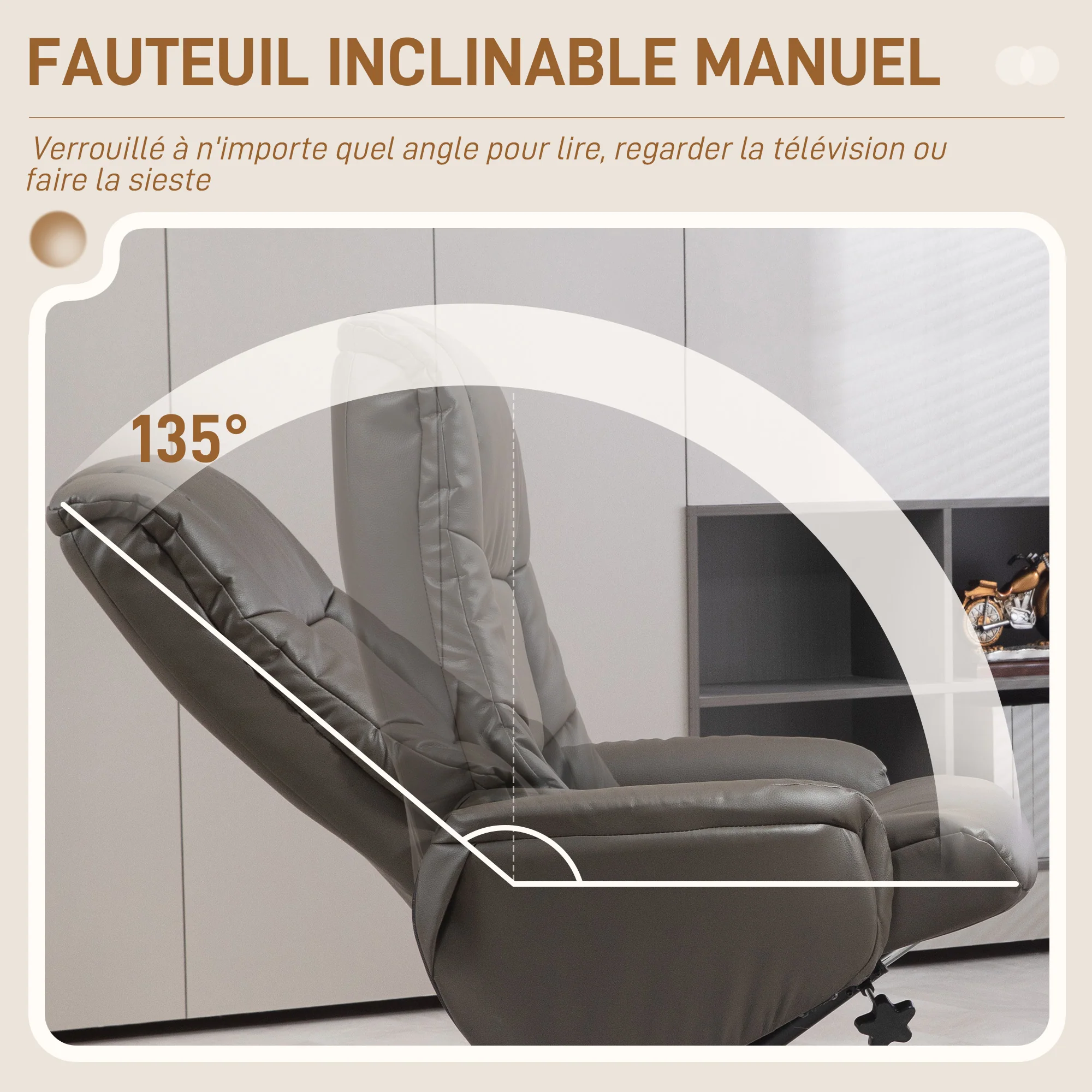 Fauteuil de relaxation avec repose-pied, fauteuil relax salon, dossier à bascule, fauteuil inclinable, assise rembourrée, revêtement synthétique, cadre en bois massif, design contemporain, gris - Image 5