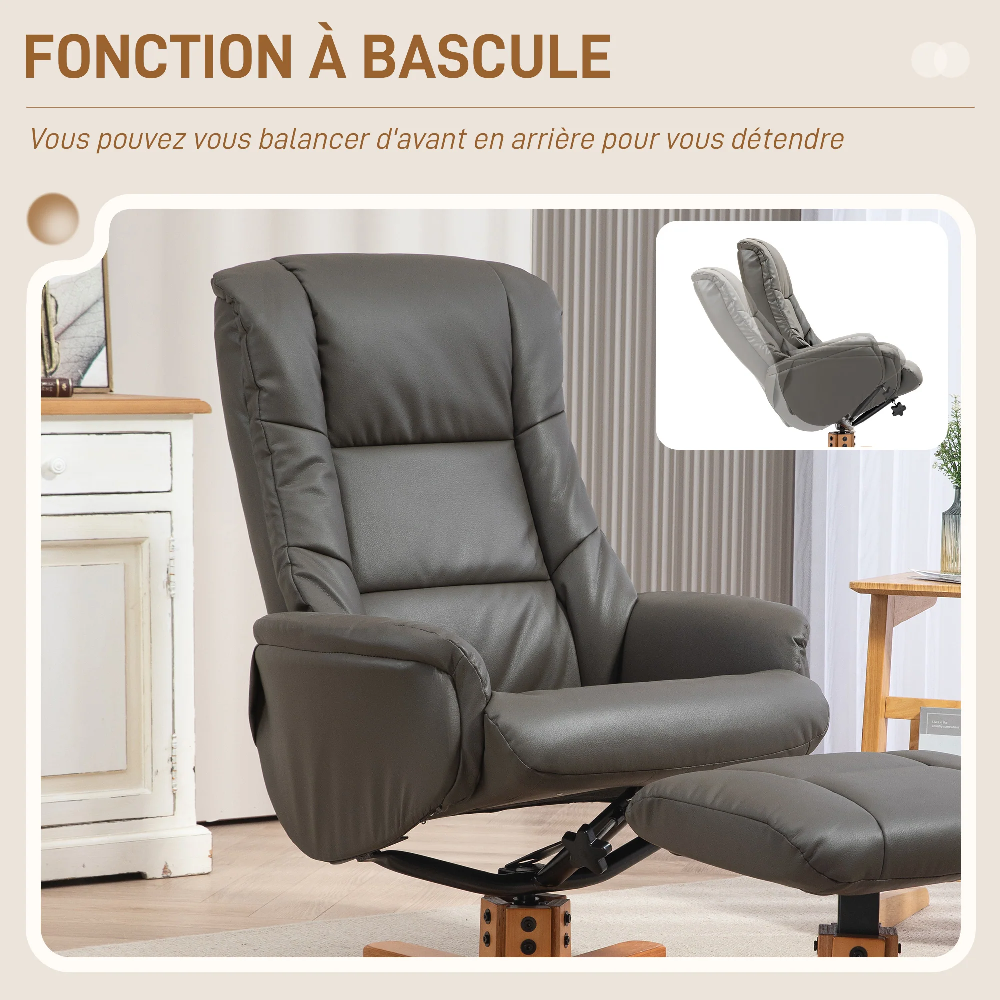 Fauteuil de relaxation avec repose-pied, fauteuil relax salon, dossier à bascule, fauteuil inclinable, assise rembourrée, revêtement synthétique, cadre en bois massif, design contemporain, gris - Image 6
