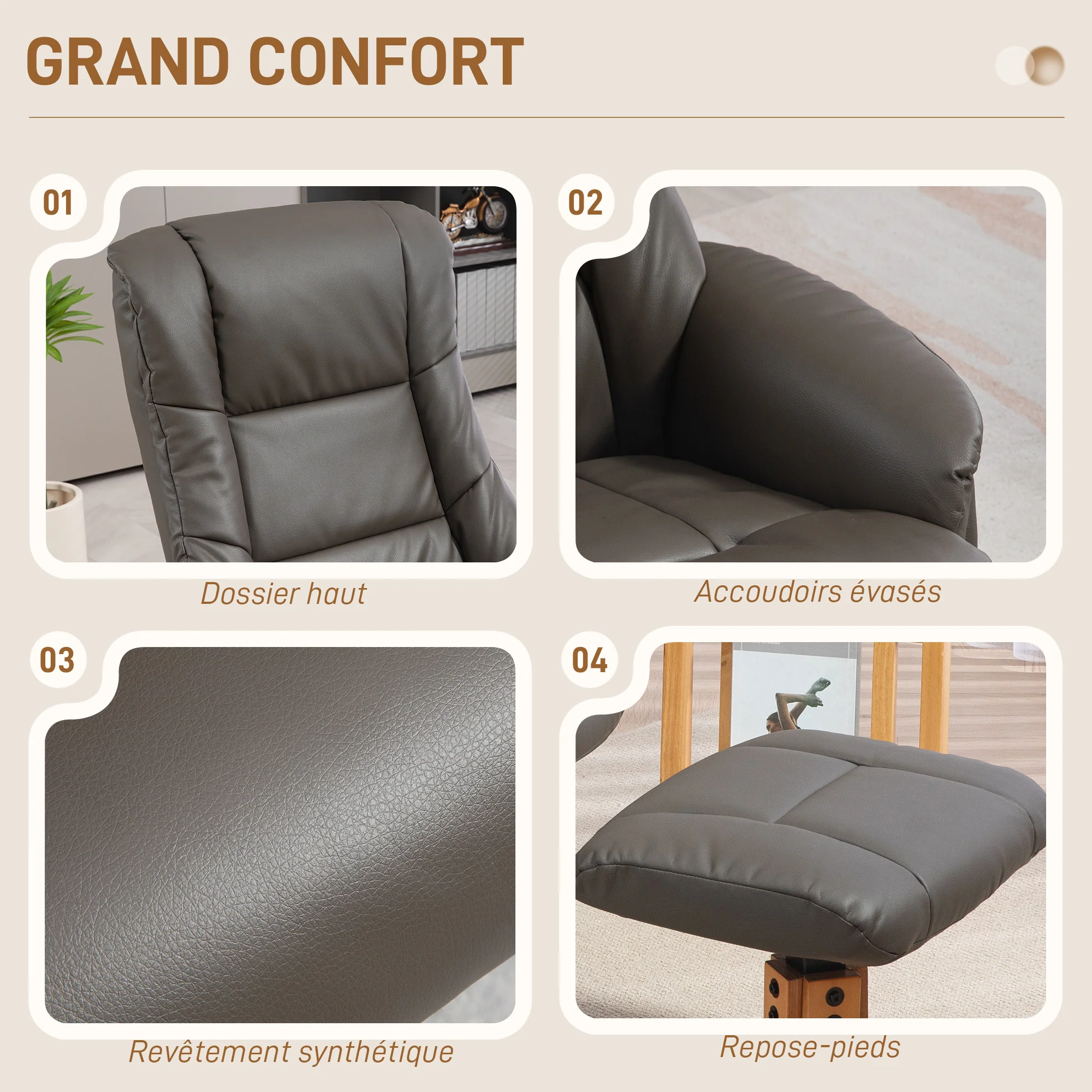 Fauteuil de relaxation avec repose-pied, fauteuil relax salon, dossier à bascule, fauteuil inclinable, assise rembourrée, revêtement synthétique, cadre en bois massif, design contemporain, gris - Image 7