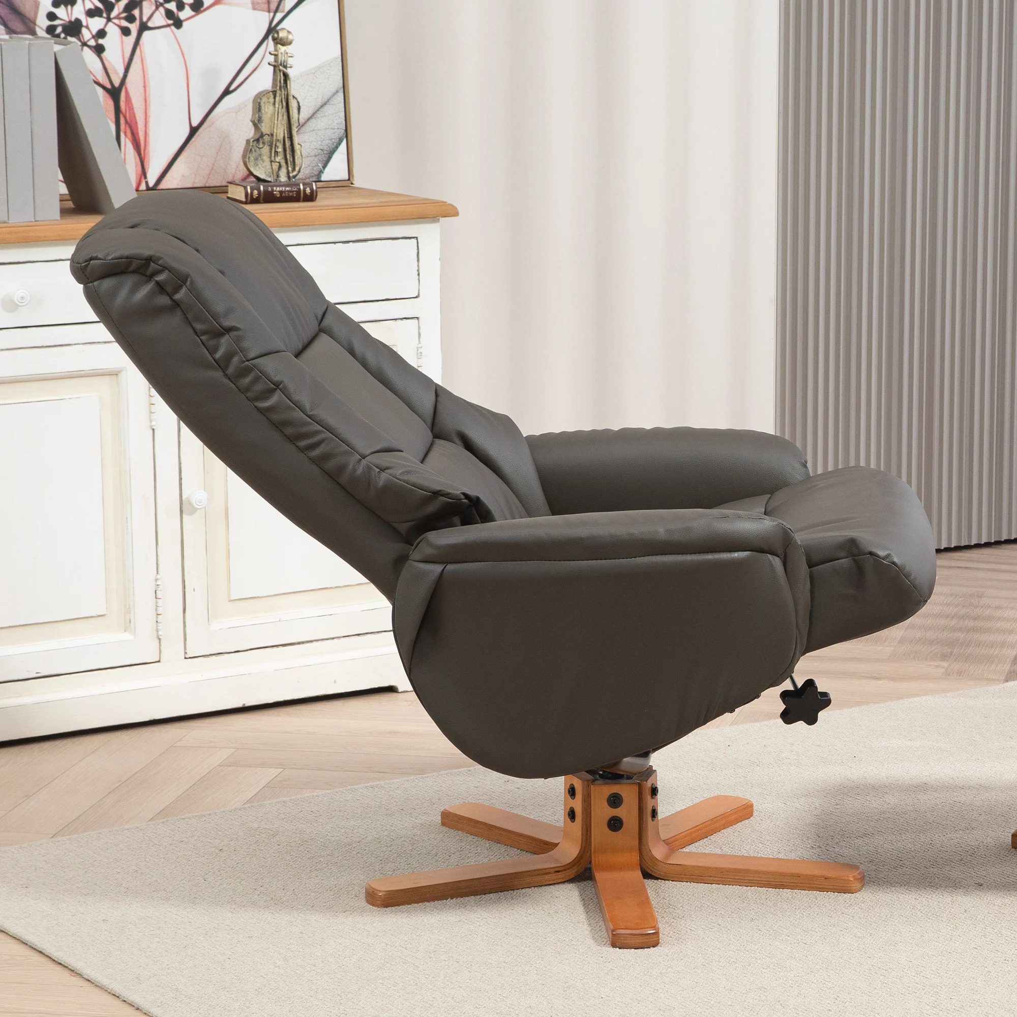 Fauteuil de relaxation avec repose-pied, fauteuil relax salon, dossier à bascule, fauteuil inclinable, assise rembourrée, revêtement synthétique, cadre en bois massif, design contemporain, gris - Image 9
