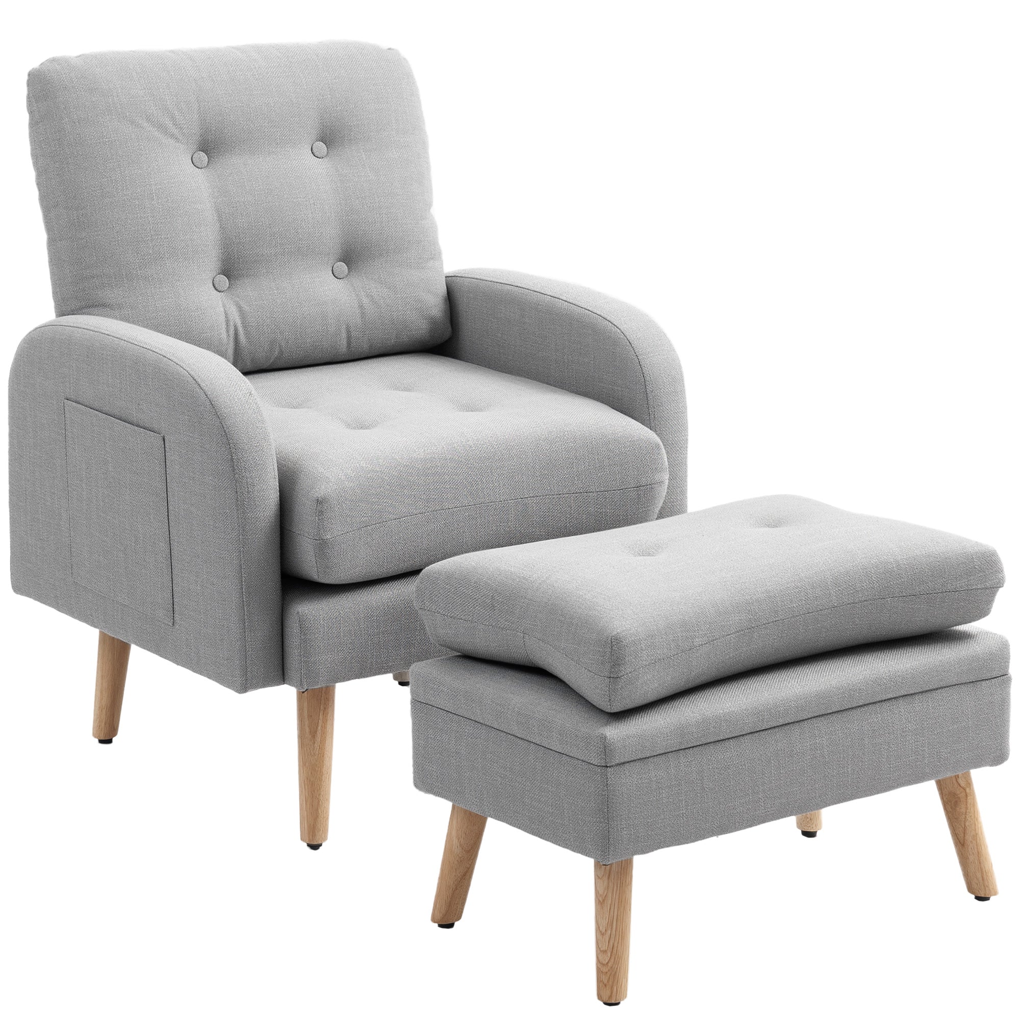 Fauteuil de relaxation avec repose-pied, fauteuil TV avec coussins, 2 poches de rangement, support jusqu'à 120 kg, canapé 1 place capitonné pour salon chambre bureau, en tissu lin gris clair - Image 2