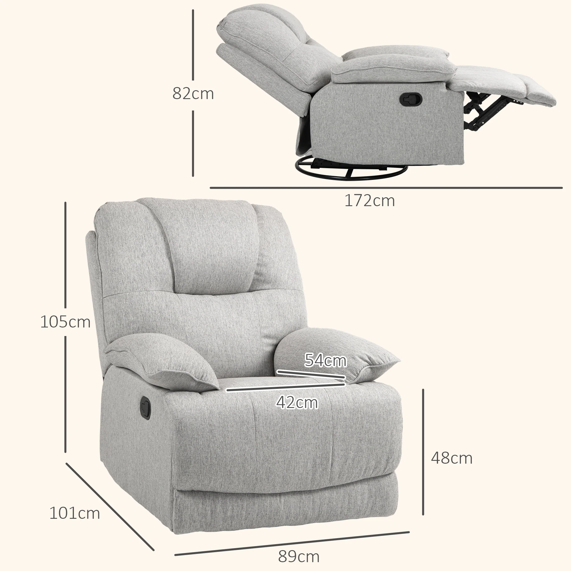 Fauteuil de relaxation fauteuil relax de salon inclinable manuellement 145° avec repose-pied en tissu aspect lin design moderne gris clair - Image 4