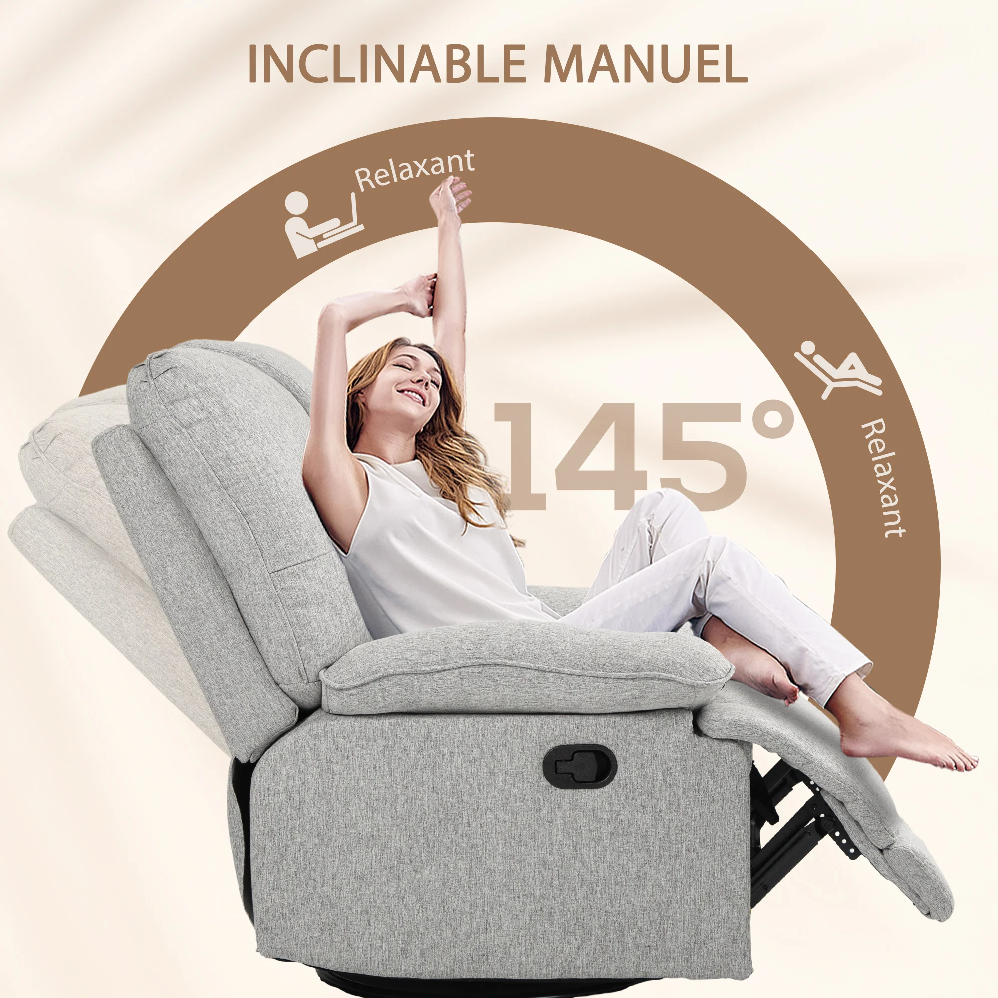 Fauteuil de relaxation fauteuil relax de salon inclinable manuellement 145° avec repose-pied en tissu aspect lin design moderne gris clair - Image 5