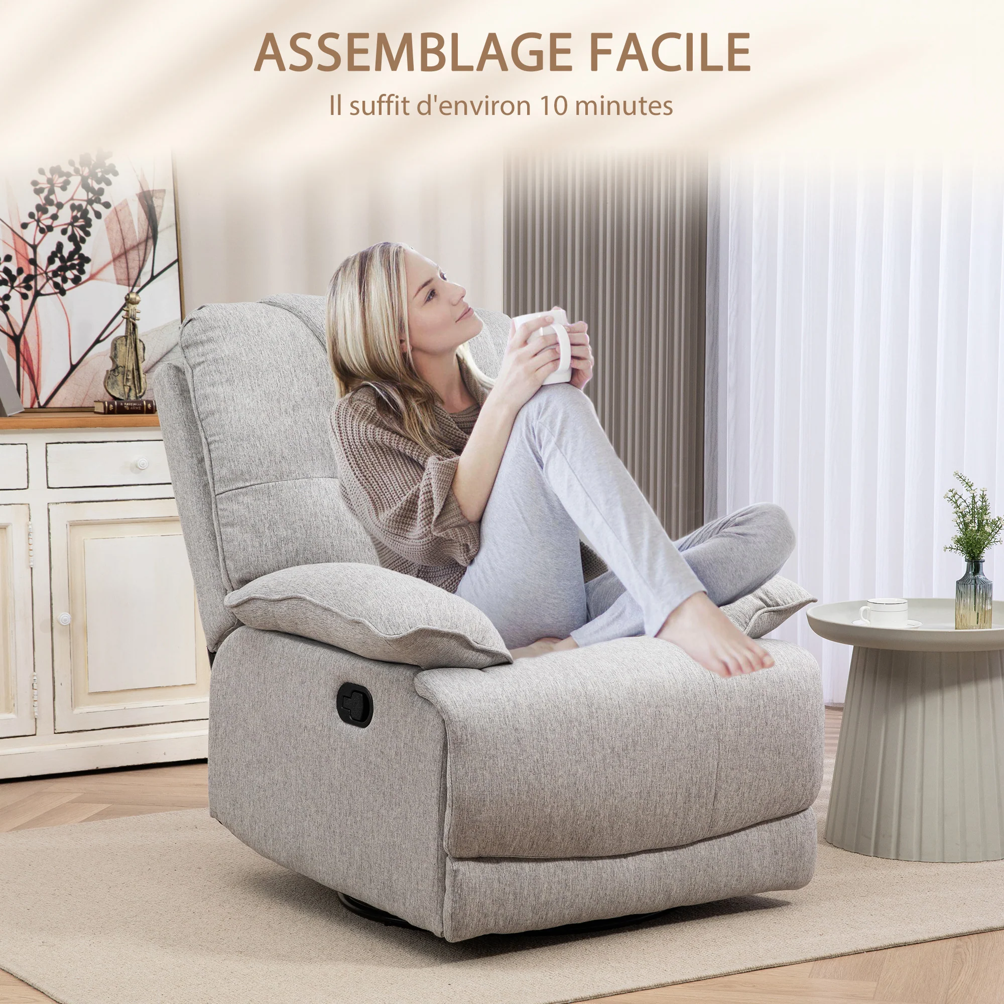 Fauteuil de relaxation fauteuil relax de salon inclinable manuellement 145° avec repose-pied en tissu aspect lin design moderne gris clair - Image 7