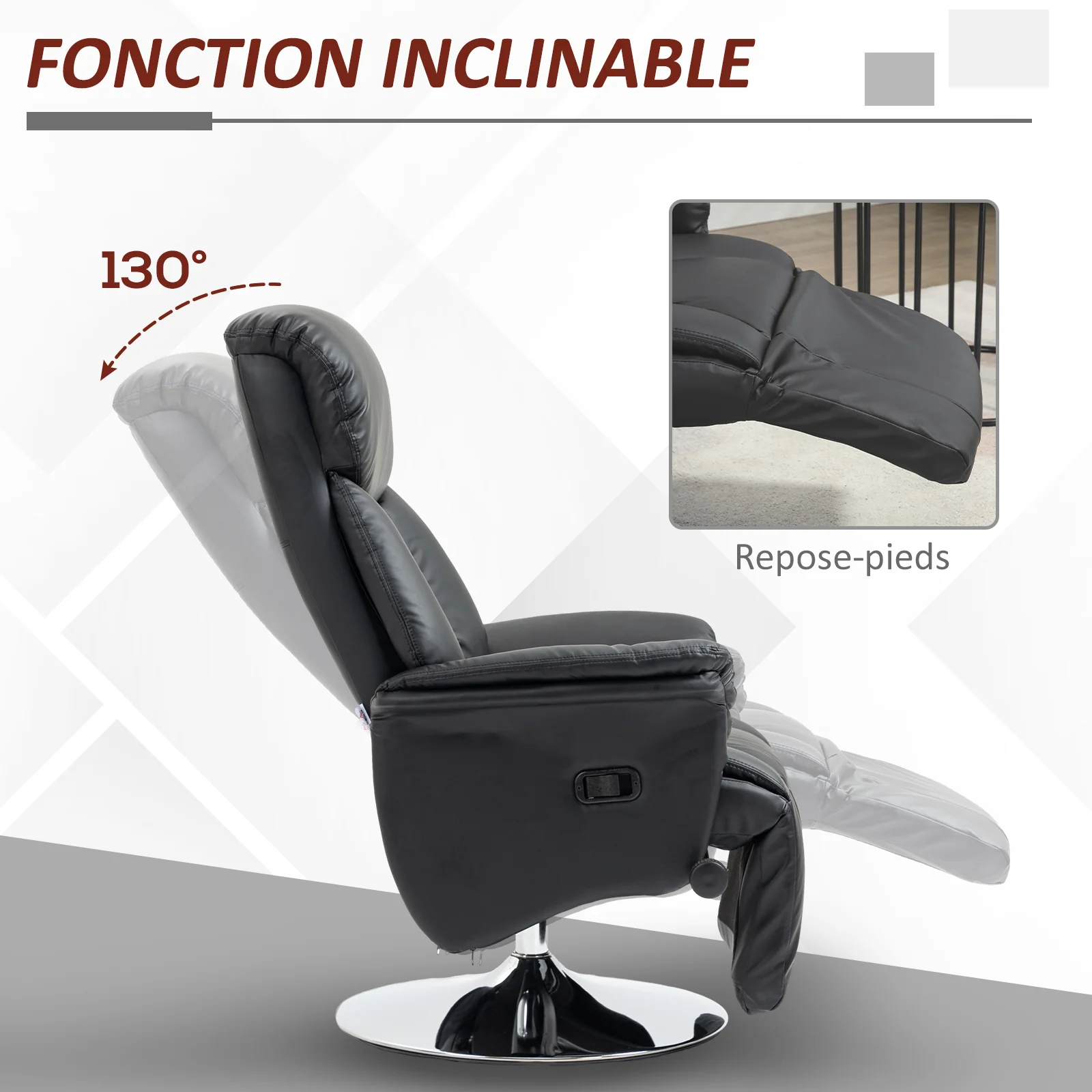 Fauteuil de relaxation fauteuil relax de salon inclinable pivotant repose-pied réglable accoudoirs, chaise TV en similicuir synthétique, jusqu'à 150 kg, pour salon, chambre, home cinéma, noir - Image 5