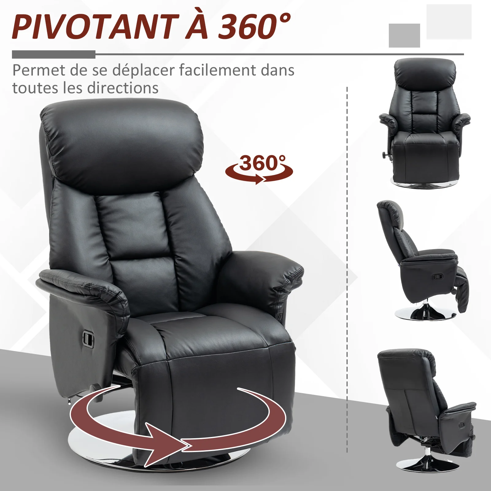 Fauteuil de relaxation fauteuil relax de salon inclinable pivotant repose-pied réglable accoudoirs, chaise TV en similicuir synthétique, jusqu'à 150 kg, pour salon, chambre, home cinéma, noir - Image 6