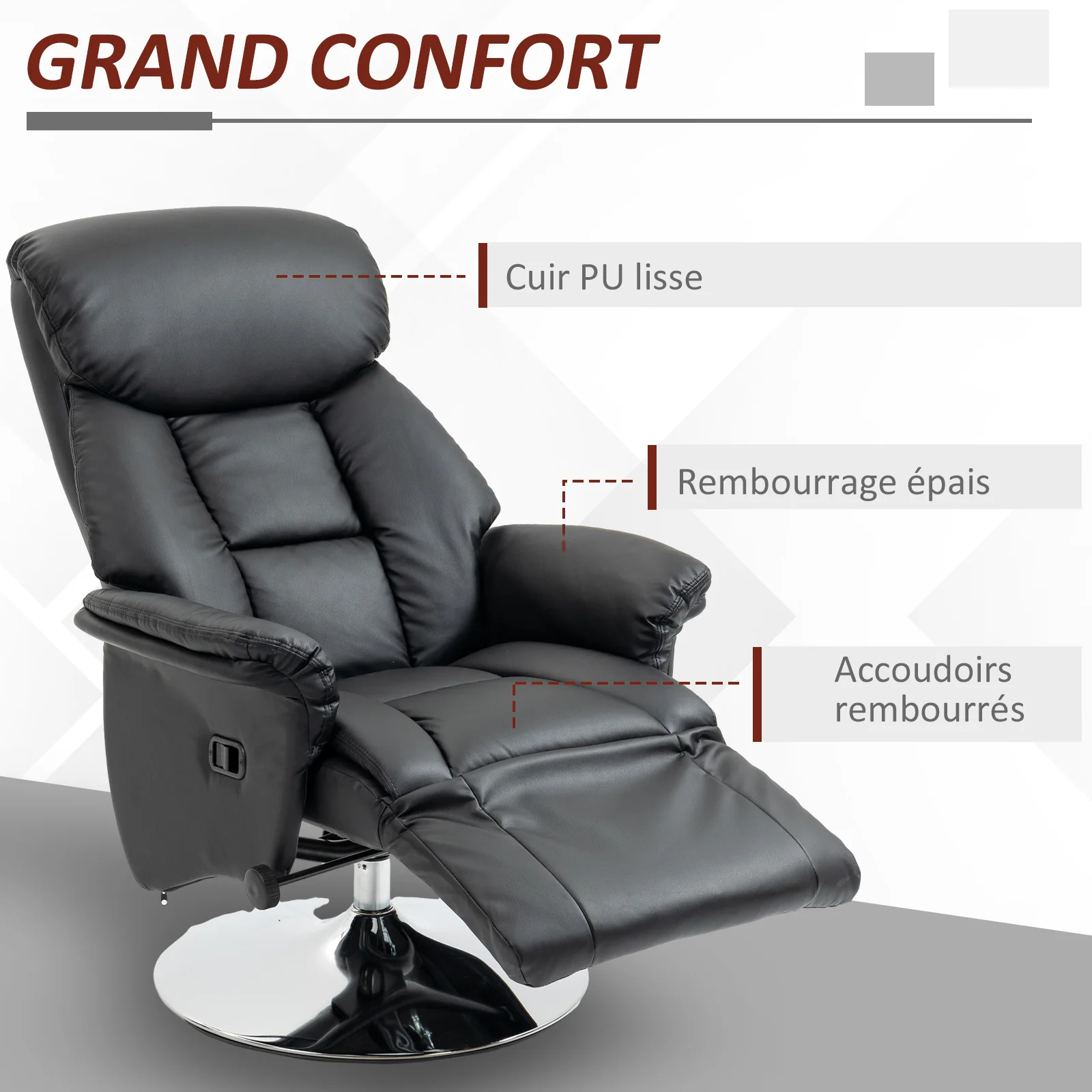 Fauteuil de relaxation fauteuil relax de salon inclinable pivotant repose-pied réglable accoudoirs, chaise TV en similicuir synthétique, jusqu'à 150 kg, pour salon, chambre, home cinéma, noir - Image 7