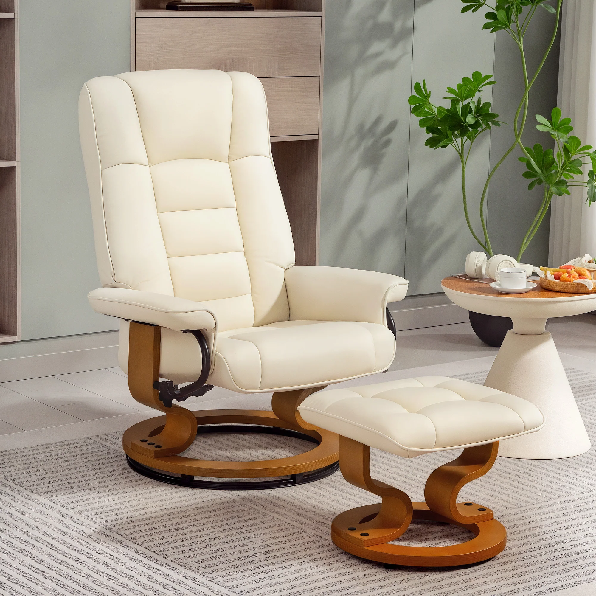 Fauteuil de relaxation inclinable avec repose-pied fauteuil relax de salon pivotant, cadre en bois revêtement synthétique 76 x 85 x 104 cm crème - Image 3