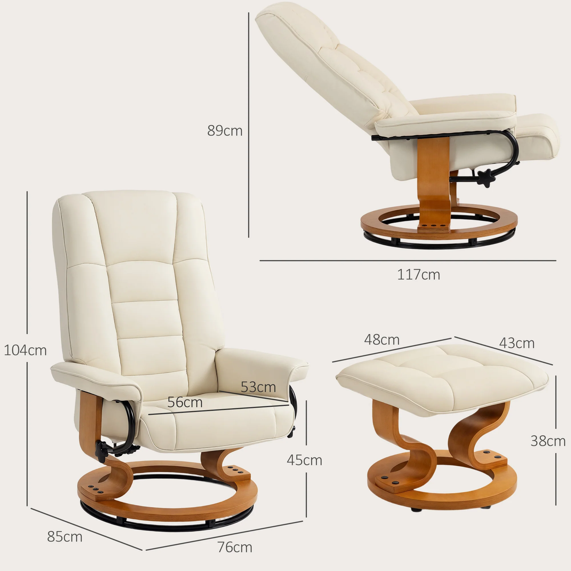 Fauteuil de relaxation inclinable avec repose-pied fauteuil relax de salon pivotant, cadre en bois revêtement synthétique 76 x 85 x 104 cm crème - Image 4