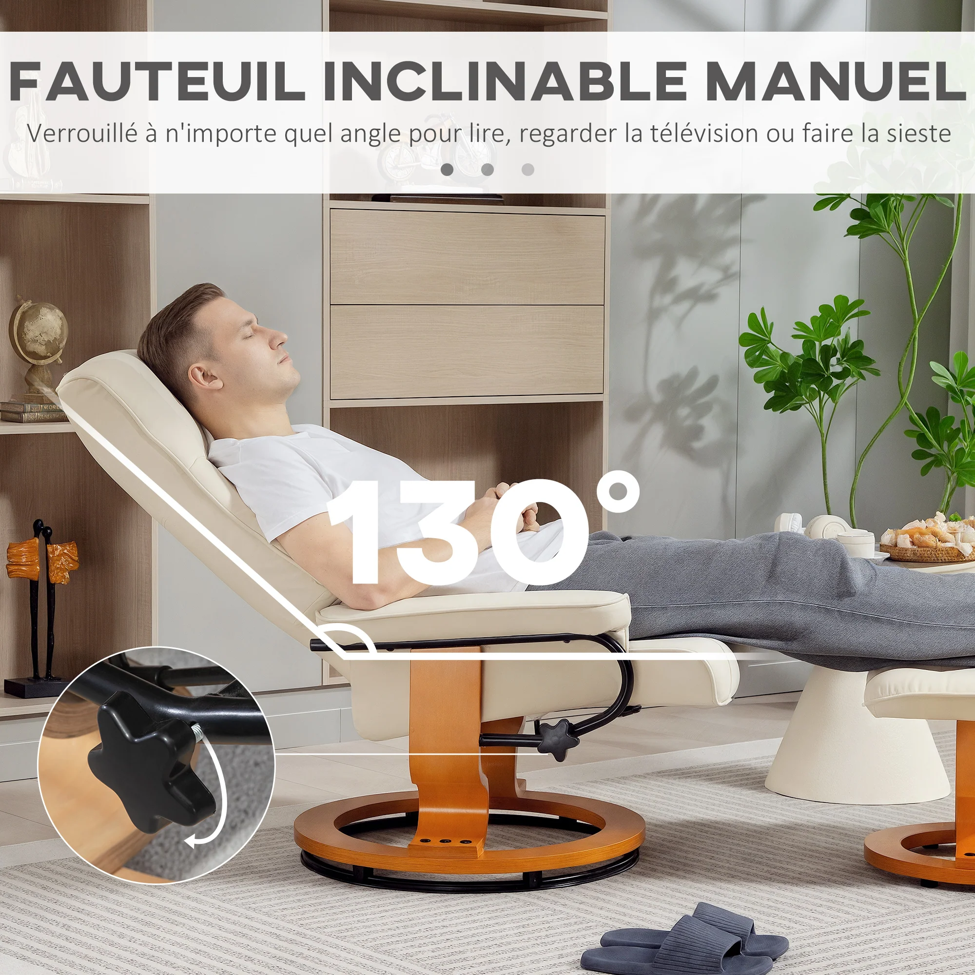 Fauteuil de relaxation inclinable avec repose-pied fauteuil relax de salon pivotant, cadre en bois revêtement synthétique 76 x 85 x 104 cm crème - Image 5