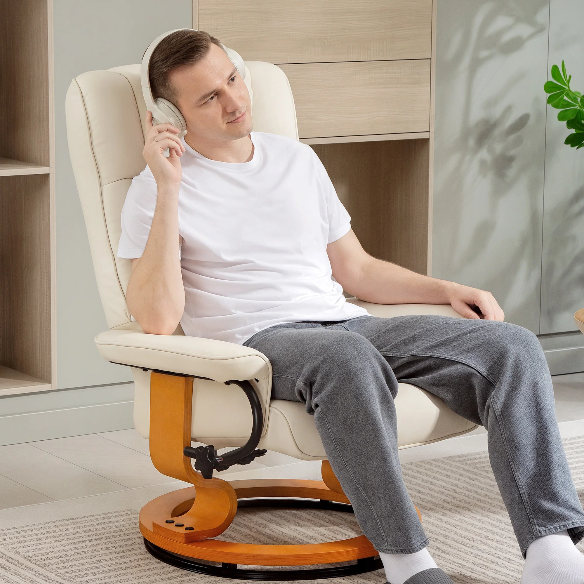 Fauteuil de relaxation inclinable avec repose-pied fauteuil relax de salon pivotant, cadre en bois revêtement synthétique 76 x 85 x 104 cm crème - Image 9