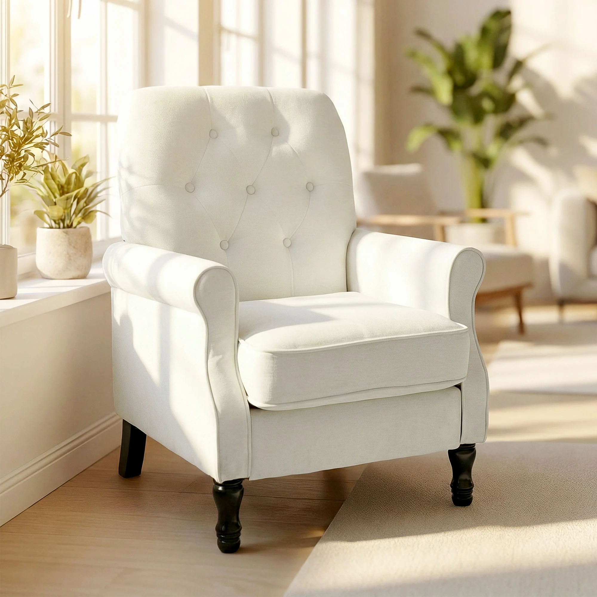 Fauteuil de salon, canapé 1 place avec assise rembourrée épaisse, coussin à ressorts, pieds en bois, style moderne médiéval, tissu en lin, pour chambre, salon, appartement, crème - Image 10