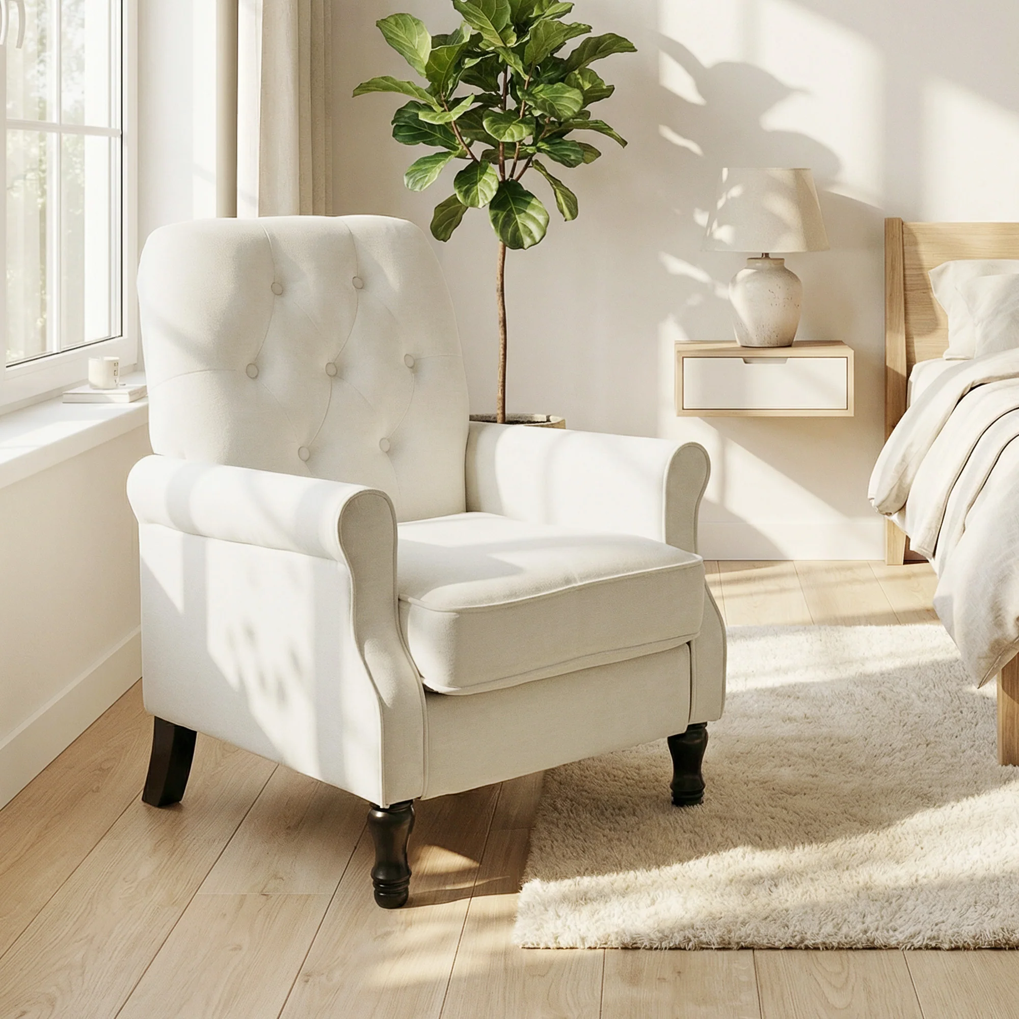 Fauteuil de salon, canapé 1 place avec assise rembourrée épaisse, coussin à ressorts, pieds en bois, style moderne médiéval, tissu en lin, pour chambre, salon, appartement, crème - Image 11
