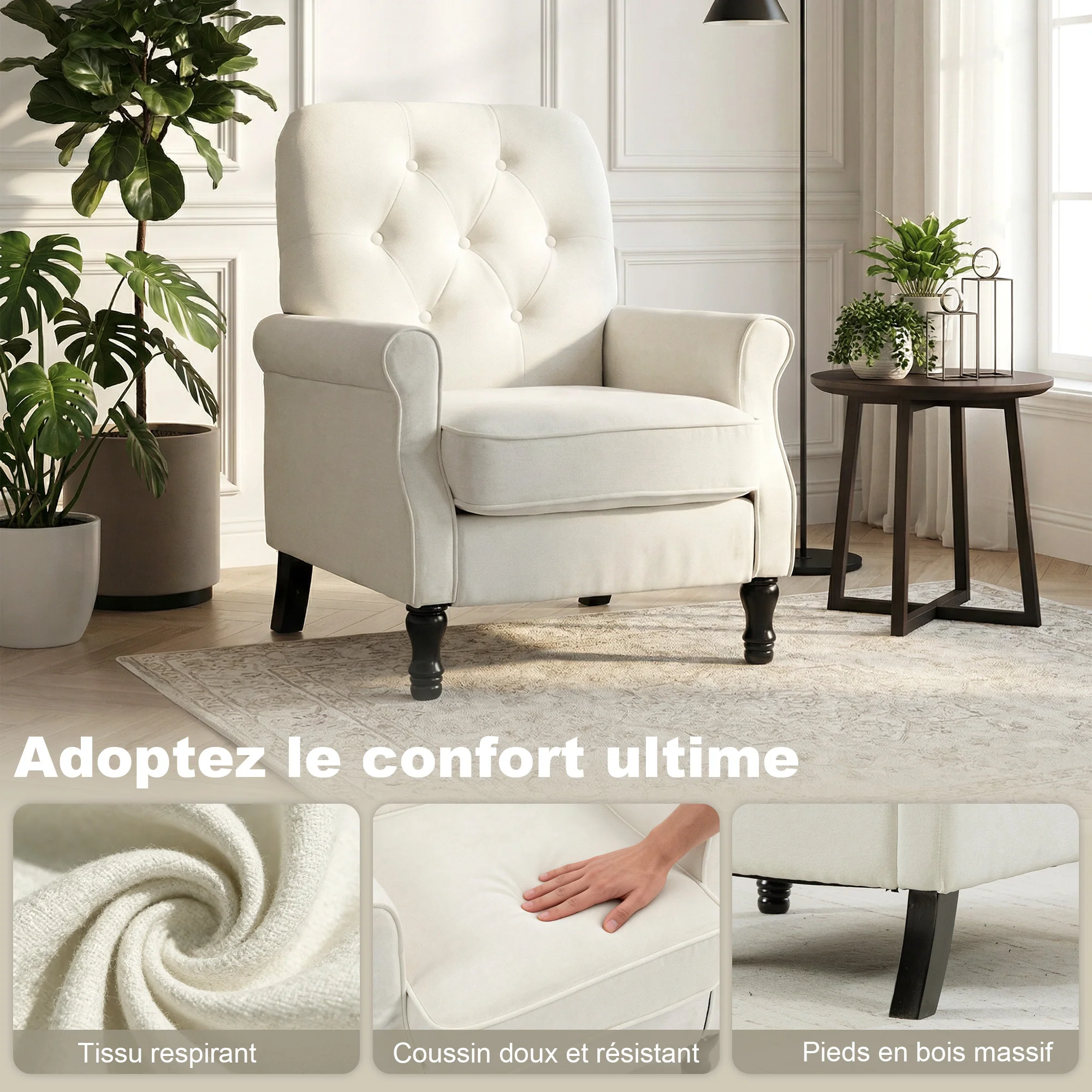 Fauteuil de salon, canapé 1 place avec assise rembourrée épaisse, coussin à ressorts, pieds en bois, style moderne médiéval, tissu en lin, pour chambre, salon, appartement, crème - Image 5