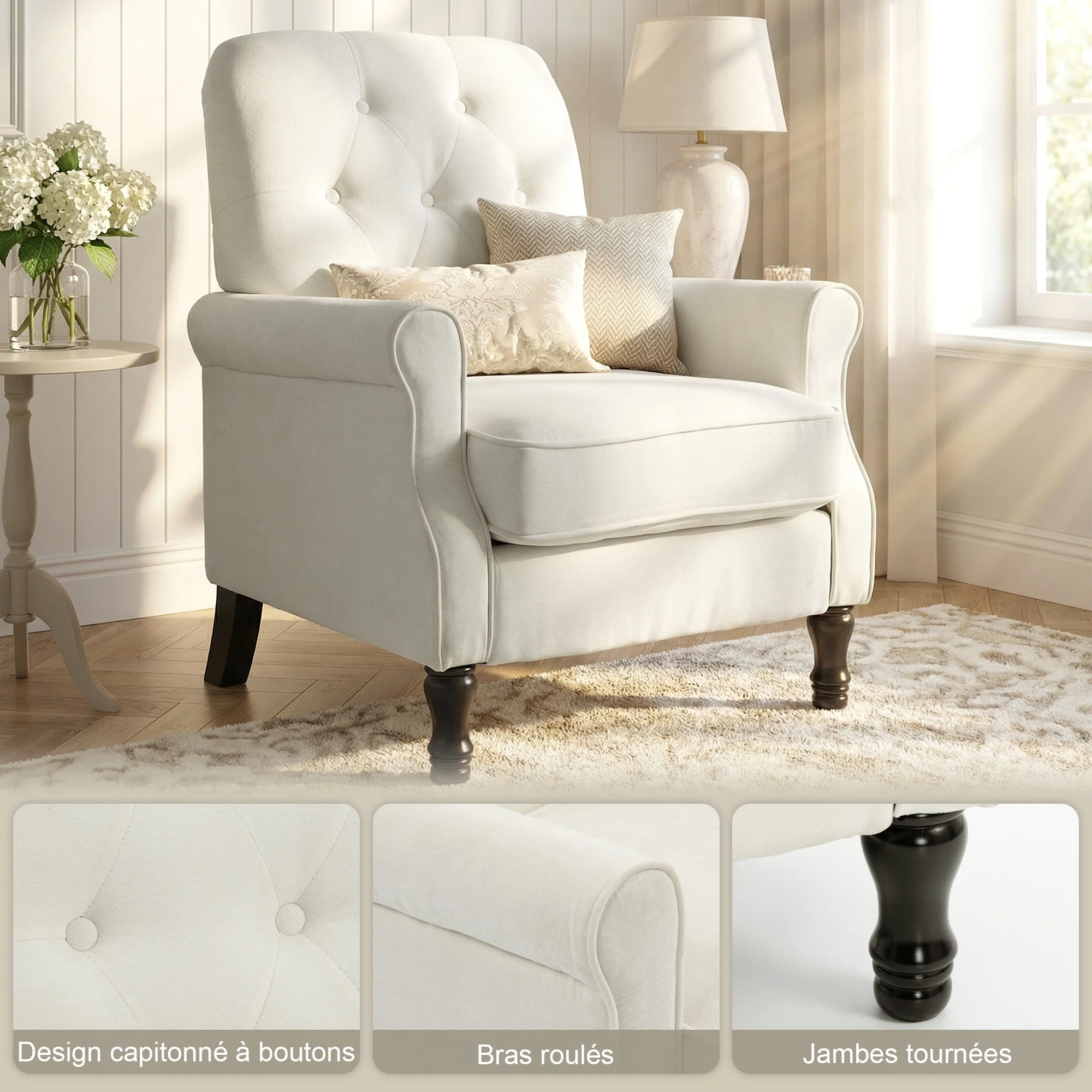 Fauteuil de salon, canapé 1 place avec assise rembourrée épaisse, coussin à ressorts, pieds en bois, style moderne médiéval, tissu en lin, pour chambre, salon, appartement, crème - Image 6