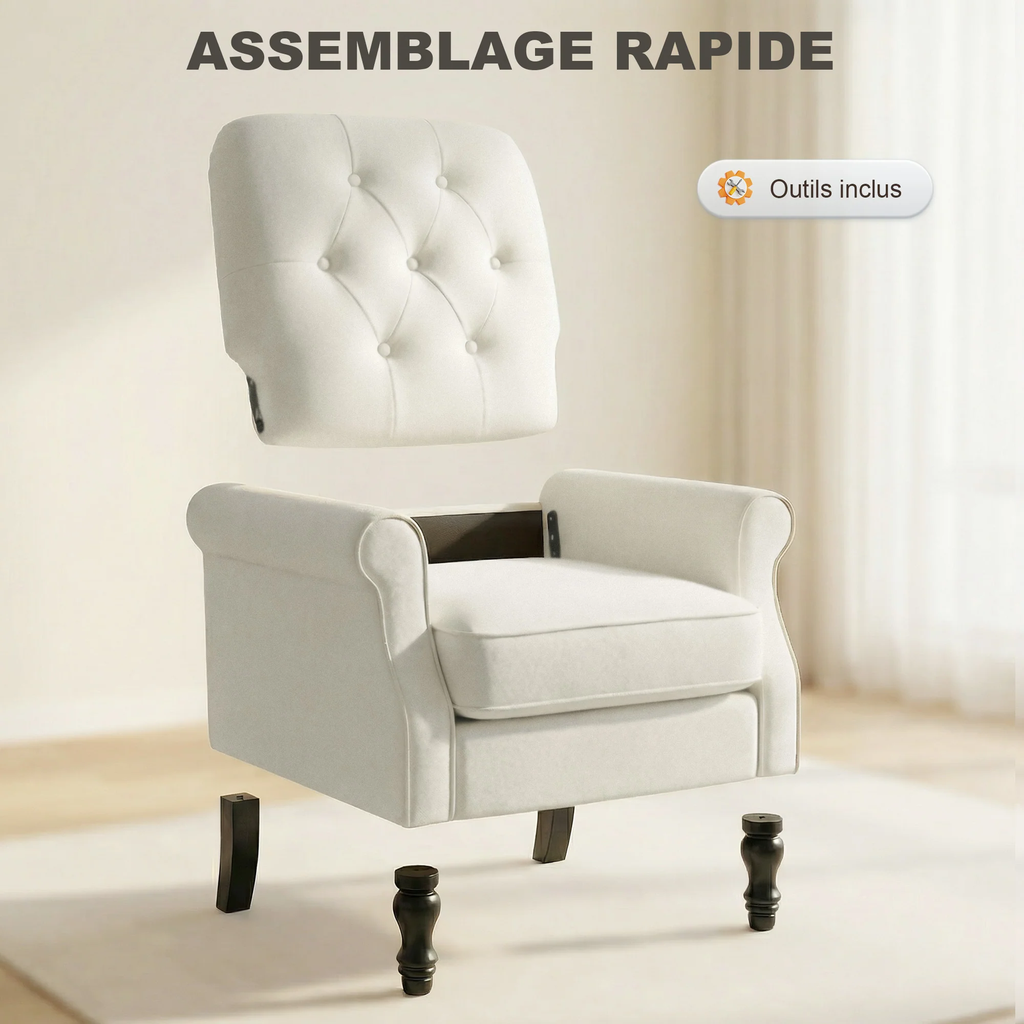 Fauteuil de salon, canapé 1 place avec assise rembourrée épaisse, coussin à ressorts, pieds en bois, style moderne médiéval, tissu en lin, pour chambre, salon, appartement, crème - Image 7