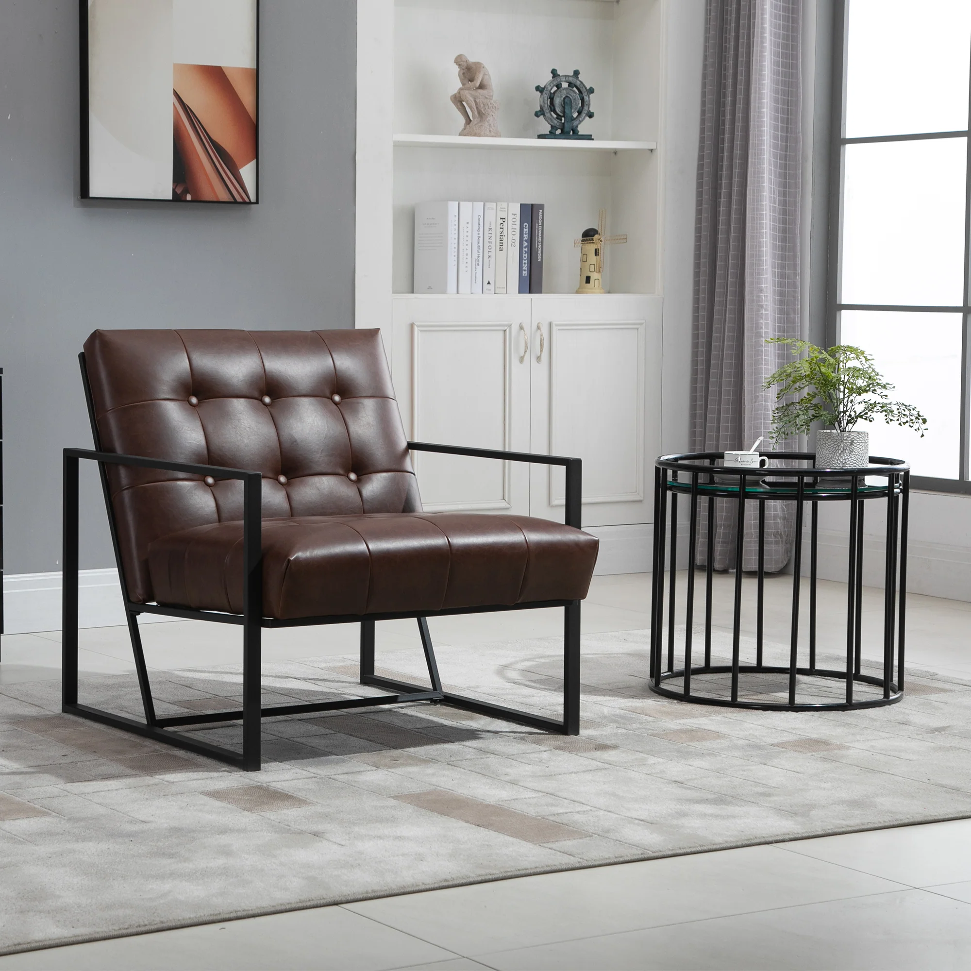 Fauteuil de salon Chesterfield Fauteuil Relax Assise Dossier capitonnés Structure métal Noir revêtement synthétique Chocolat - Image 3