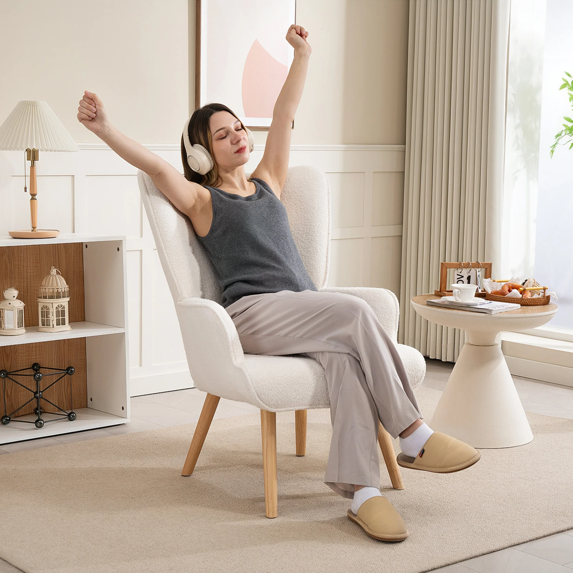 Fauteuil de salon en tissu bouclette, fauteuil moderne, capitonné et rembourré avec pieds en bois, accoudoirs et dossier ergonomique, pour salle à manger, salon, chambre, bureau, beige - Image 8