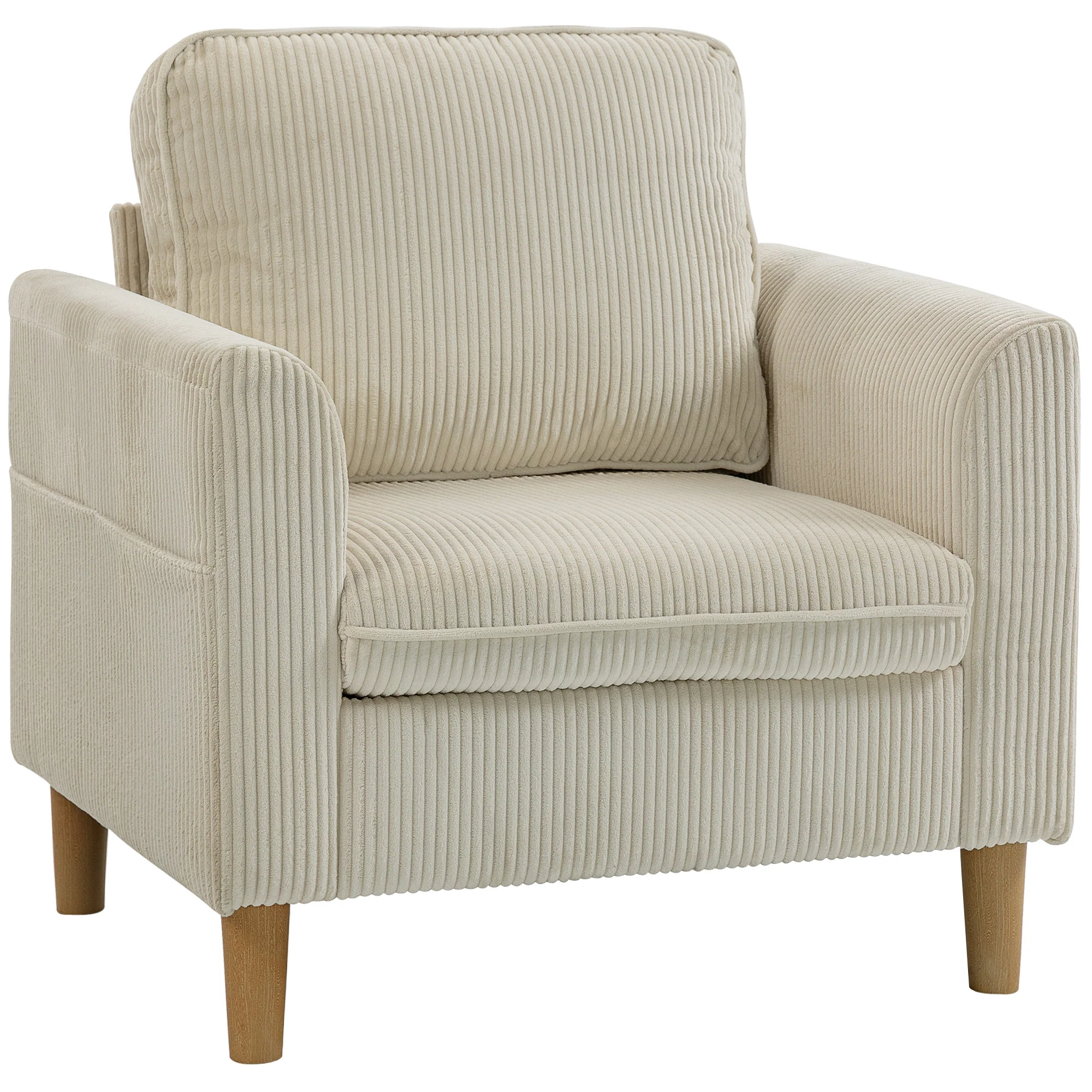 Fauteuil de salon en velours c?telé, canapé 1 place rembourré avec assise large et coussin à ressorts, style moderne, pour chambre, salon, petit espace, beige - Image 2