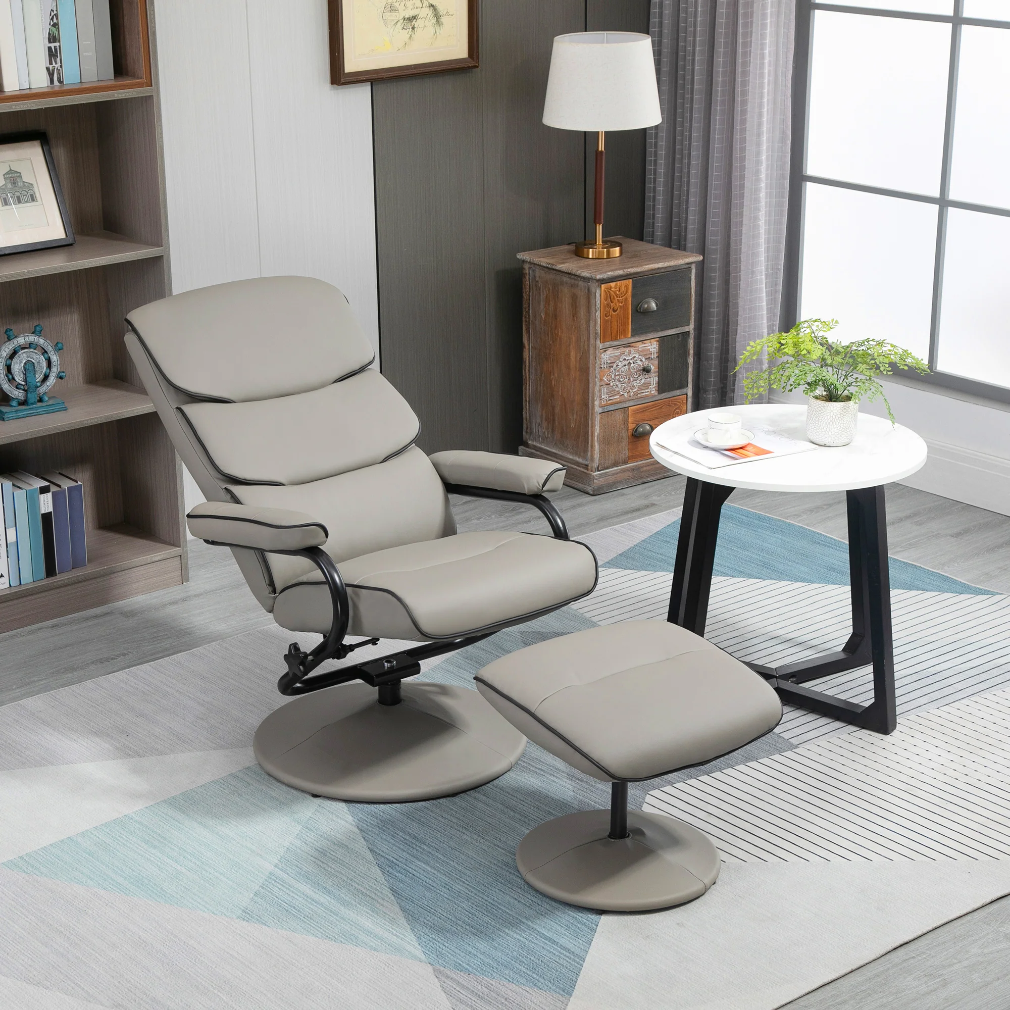 Fauteuil relax avec pouf, fauteuil TV avec dossier inclinable, siège pivotant à 360°, assise rembourrée confortable, jusqu'à 130 kg, pour salon, chambre, gris - Image 3