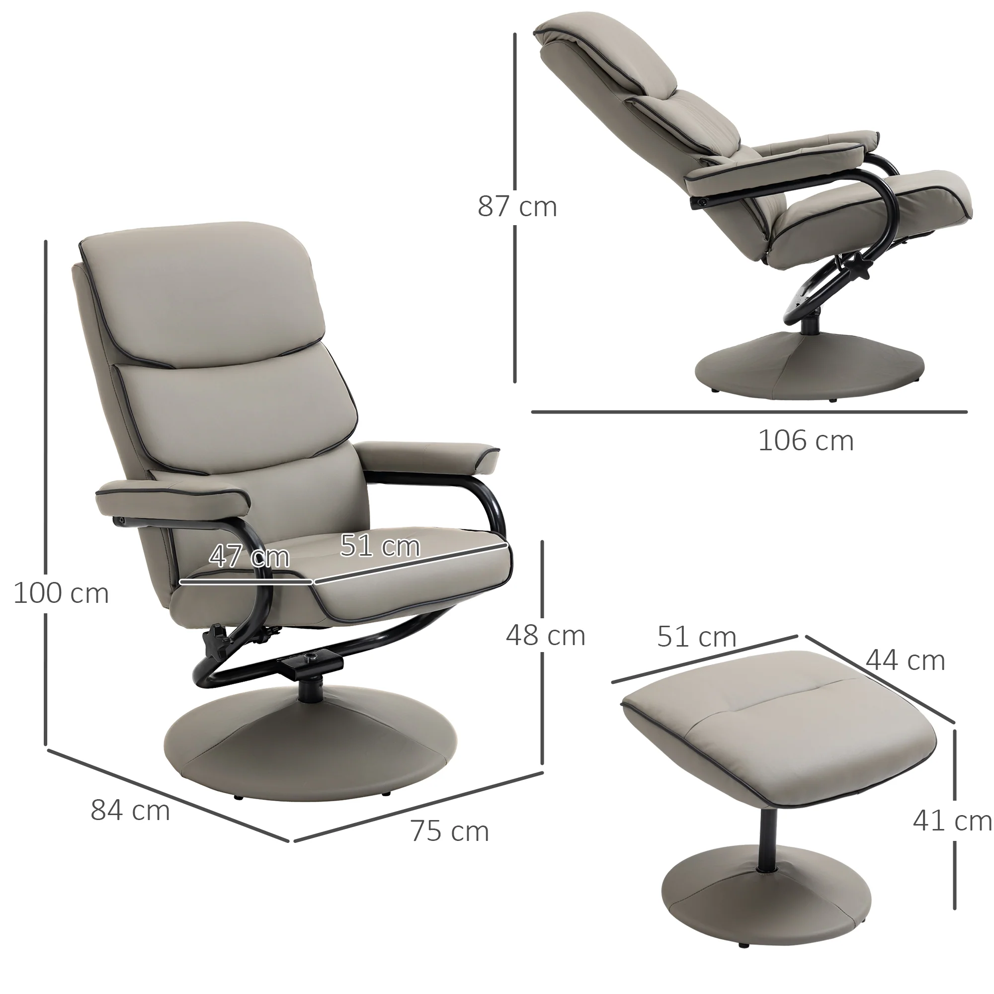 Fauteuil relax avec pouf, fauteuil TV avec dossier inclinable, siège pivotant à 360°, assise rembourrée confortable, jusqu'à 130 kg, pour salon, chambre, gris - Image 4