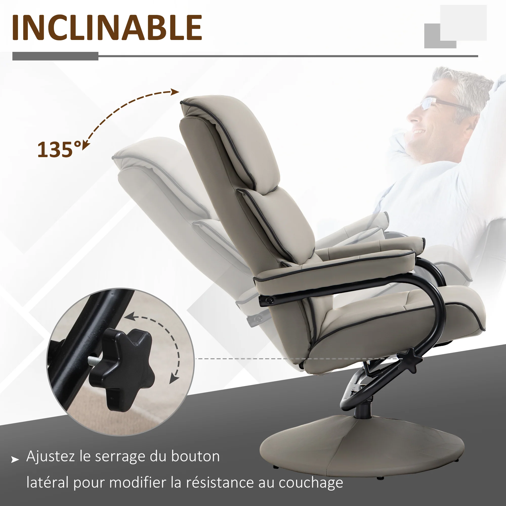 Fauteuil relax avec pouf, fauteuil TV avec dossier inclinable, siège pivotant à 360°, assise rembourrée confortable, jusqu'à 130 kg, pour salon, chambre, gris - Image 5