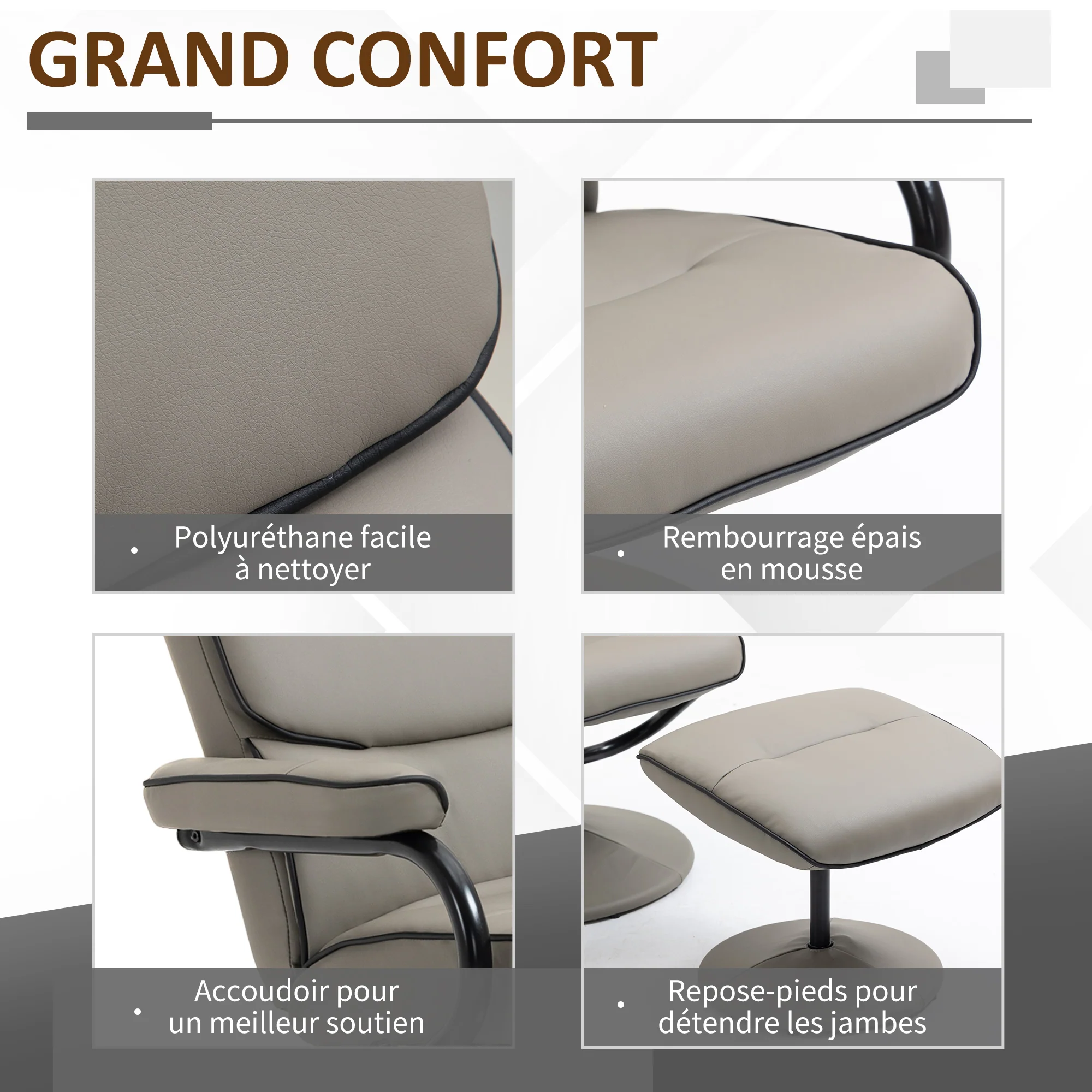 Fauteuil relax avec pouf, fauteuil TV avec dossier inclinable, siège pivotant à 360°, assise rembourrée confortable, jusqu'à 130 kg, pour salon, chambre, gris - Image 7