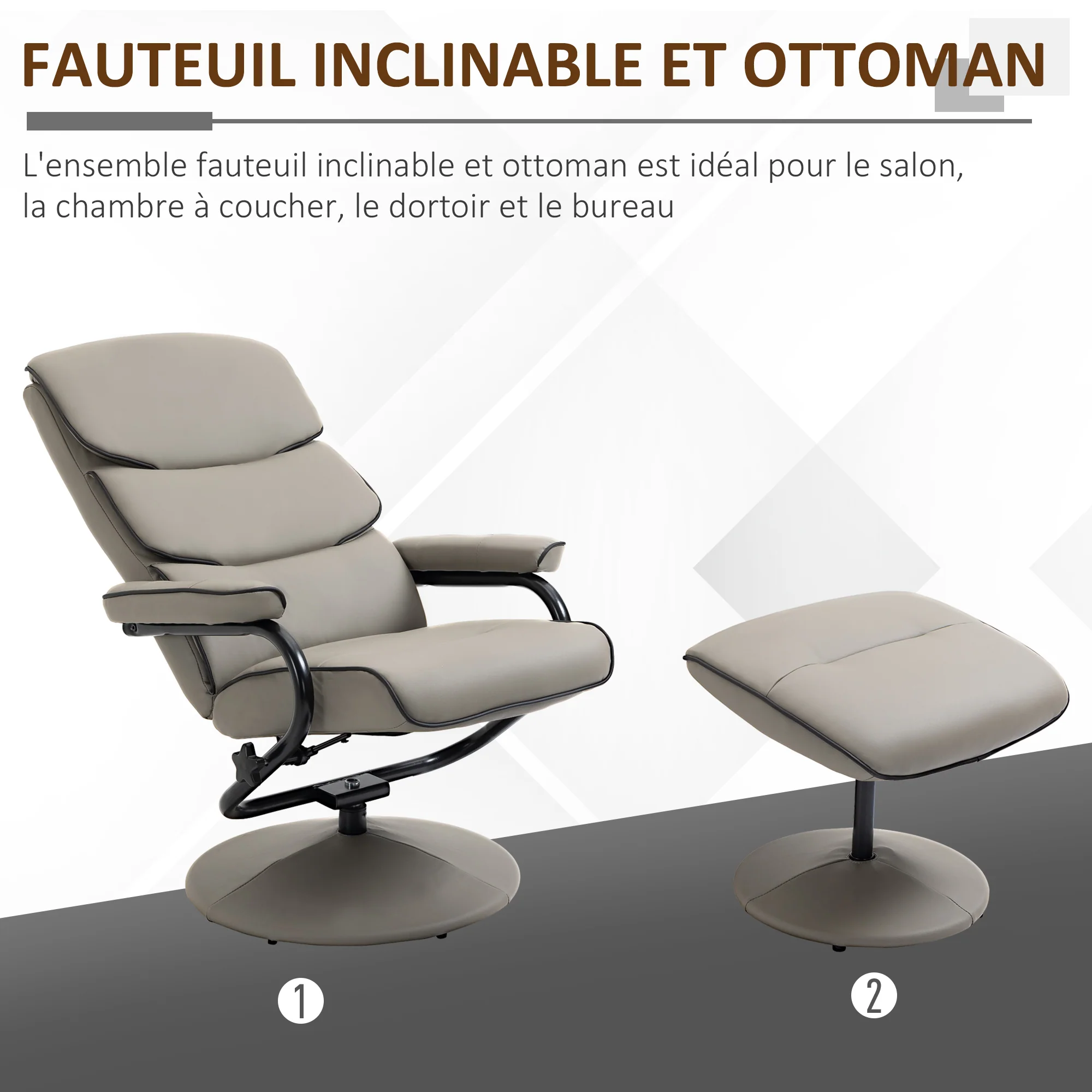 Fauteuil relax avec pouf, fauteuil TV avec dossier inclinable, siège pivotant à 360°, assise rembourrée confortable, jusqu'à 130 kg, pour salon, chambre, gris - Image 8