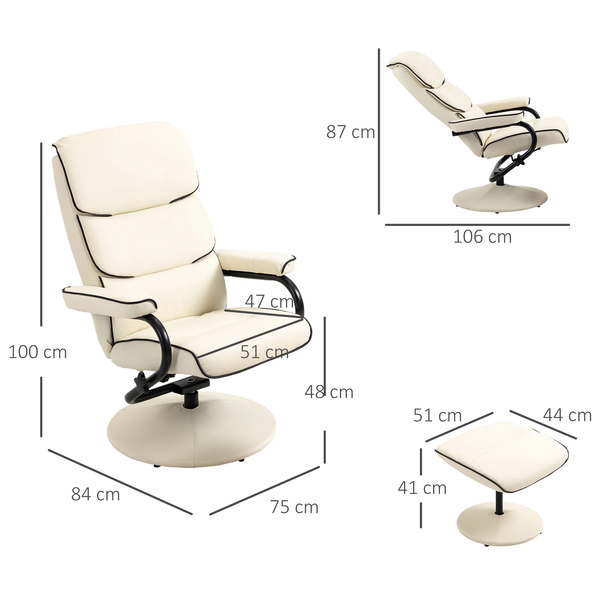 Fauteuil relax avec pouf, fauteuil TV avec dossier inclinable, siège pivotant à 360°, assise rembourrée confortable, jusqu'à 130 kg, pour salon, chambre, crème - Image 4